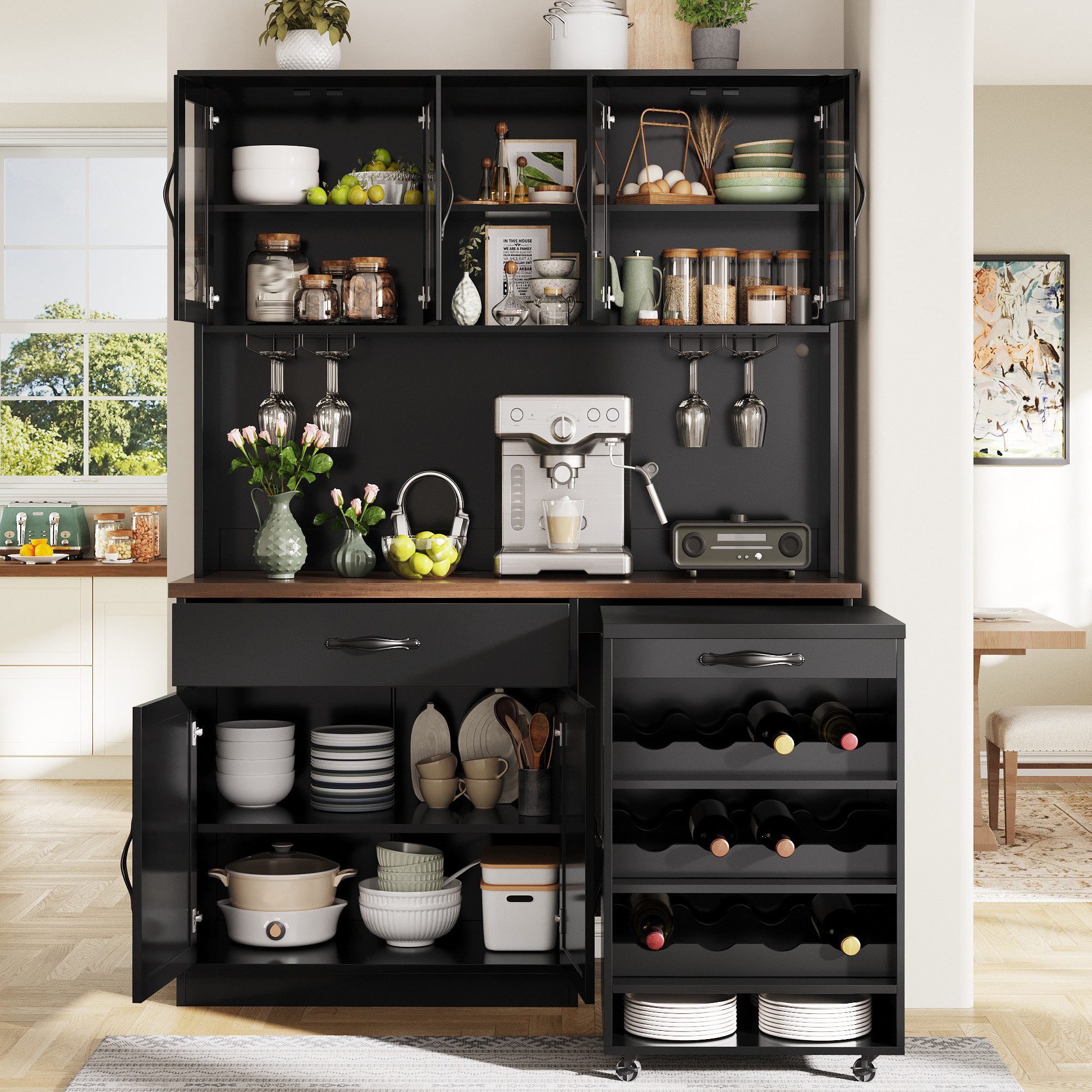 Odikalo Küchenbuffet Küchenschrank mit LED Rollwagen & Weinregal (mit Weinglasregal & Weinregal, Beleuchteter Sideboard Schrank für Wohnzimmer, Esszimmer)