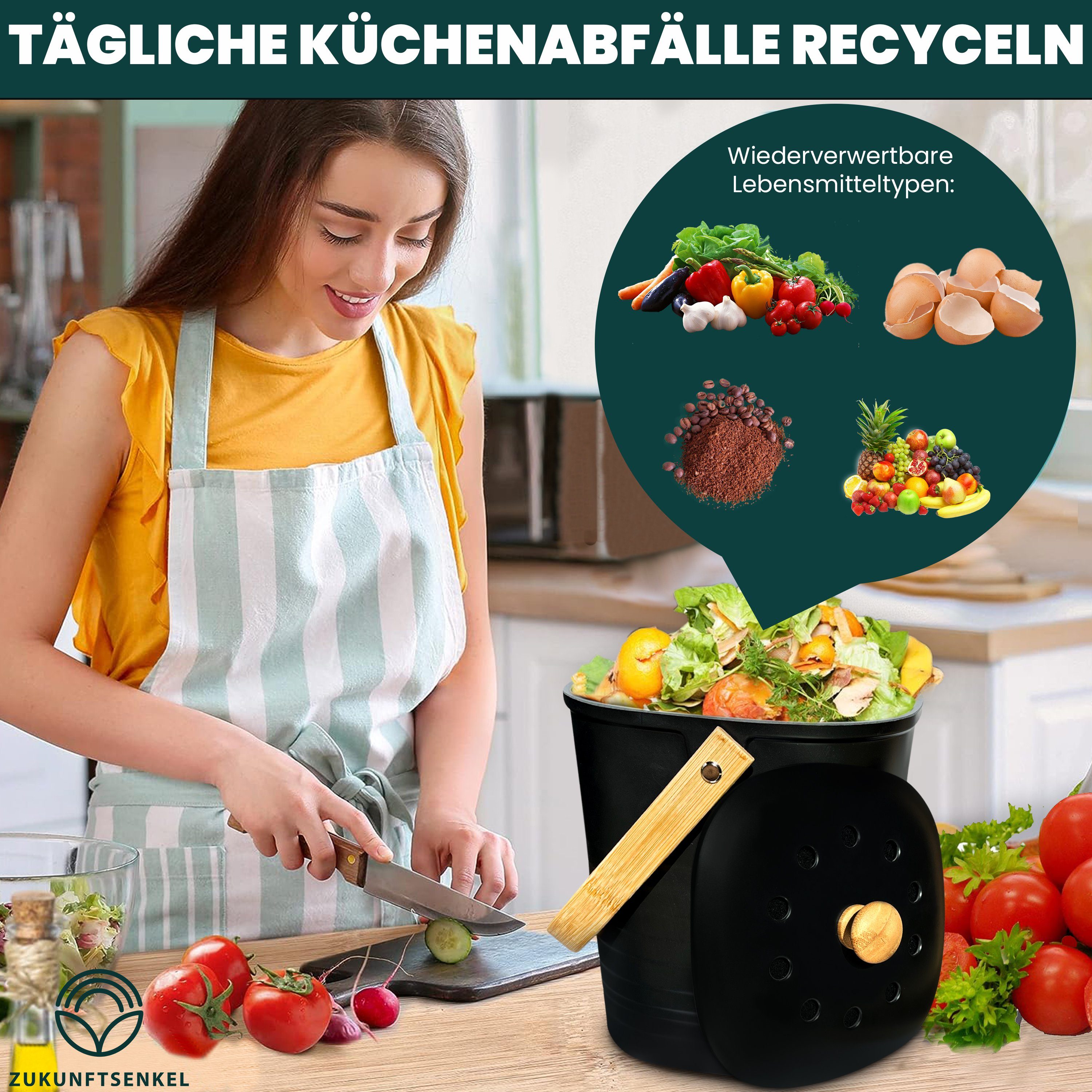 ZUKUNFTSENKEL Schwarz Küche, Deckel Mit Abnehmbarer Biomülleimer Komposteimer Aktivkohlefilter Geruchsdicht 3,3L Abfalleimer