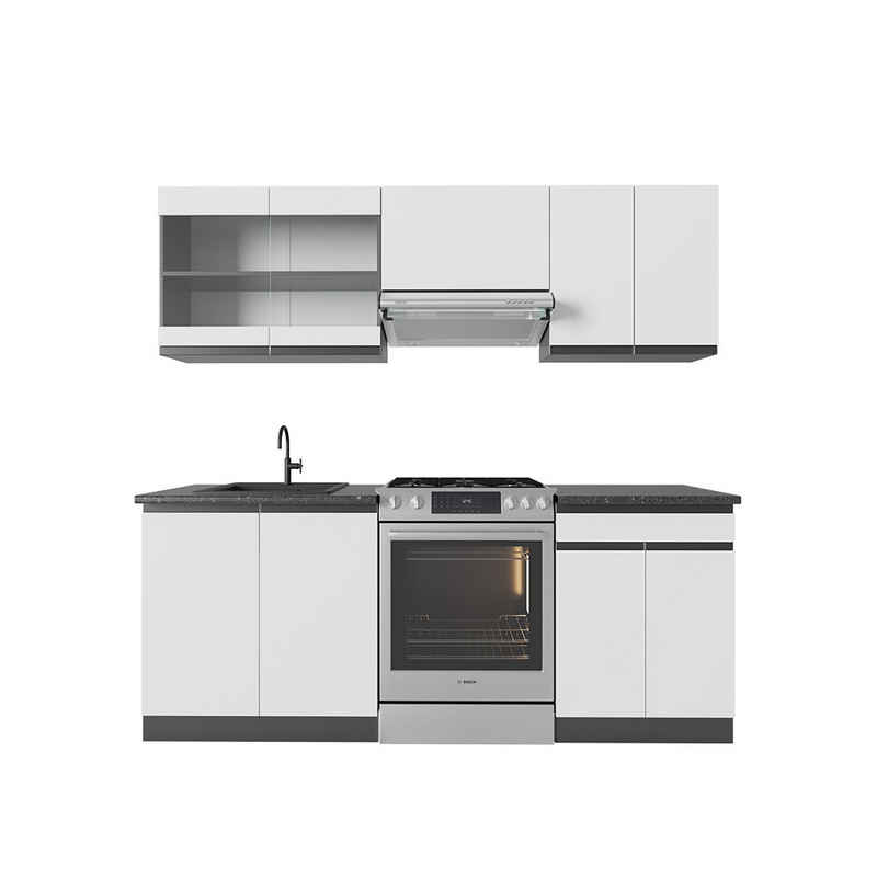 Livinity® Küchenzeile R-Line, Weiß/Anthrazit, 200 cm, AP Eiche