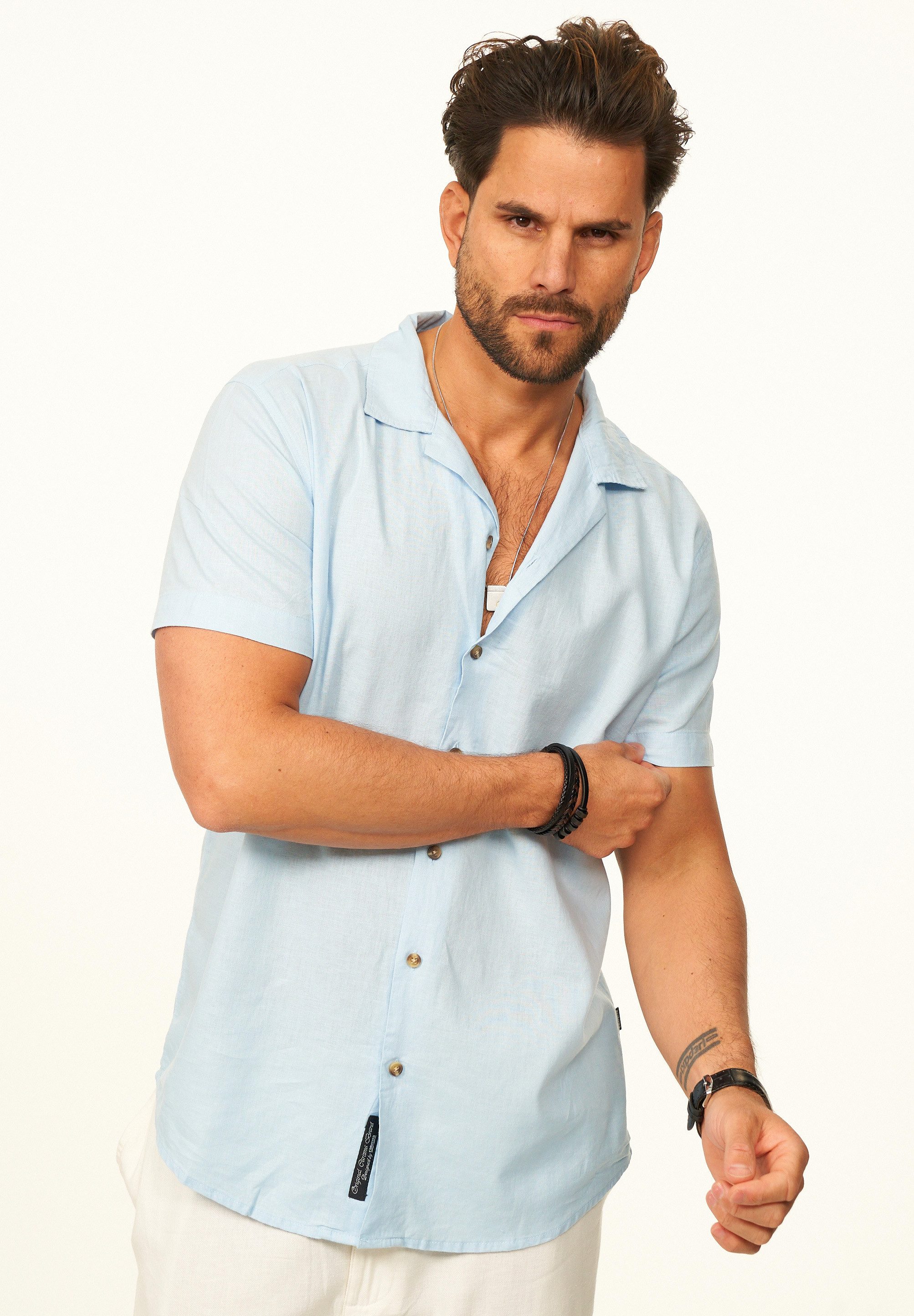 behype Kurzarmhemd aus Leinen Sommerhemd im Regular-Fit Herren Leinenhemd Freizeithemd mit offenen Reverskragen