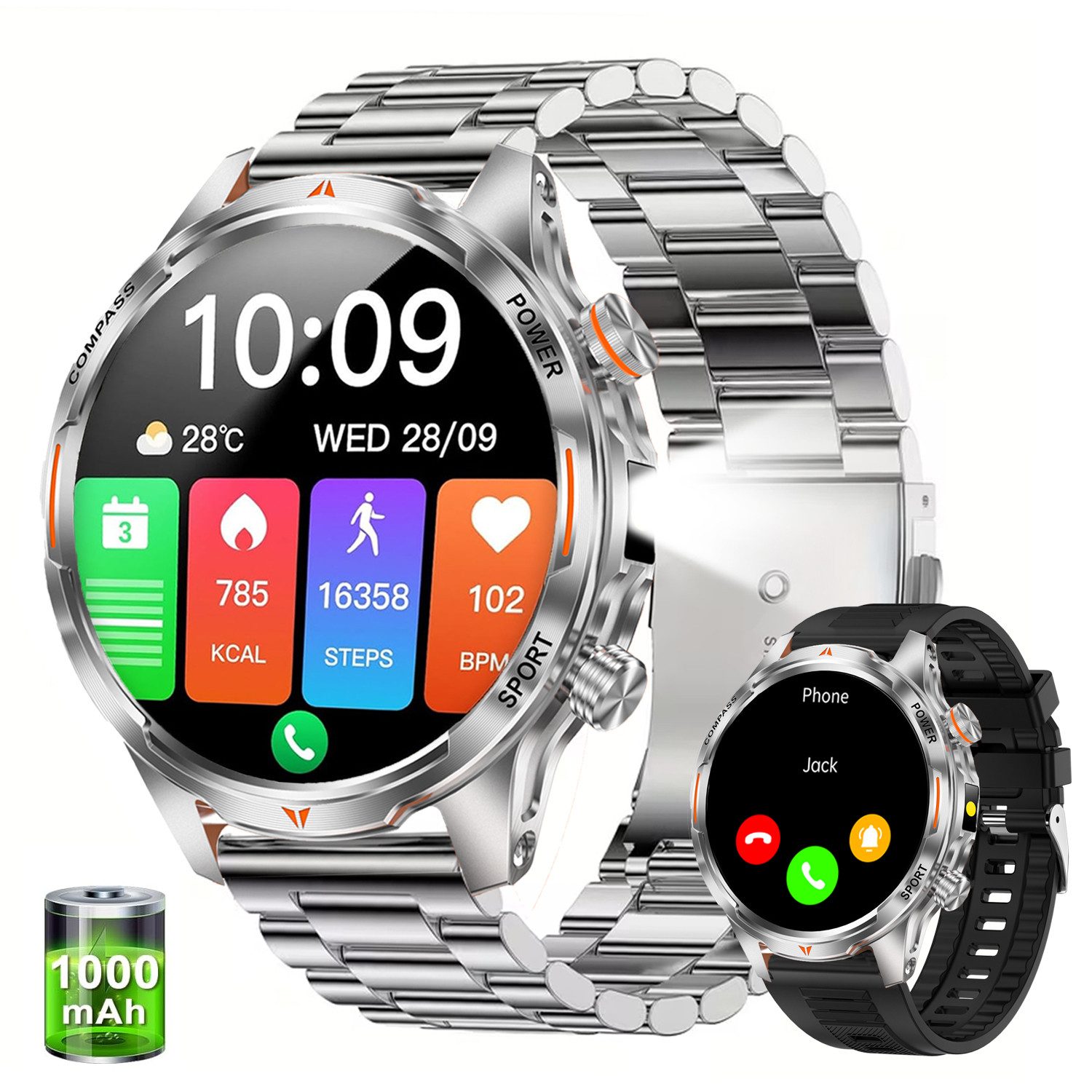 ANYSUN Smartwatch Herren,Sportuhr mit LED Taschenlampe & Kompass, Smartwatch (1,7 Zoll) IP68 Wasserdicht,100+ Sportmodi,mit Bluetooth,Fitness Tracker, Puls-SpO2-Schlaf-Monitor,Schrittzähler,2 Armbändern,für Android iOS