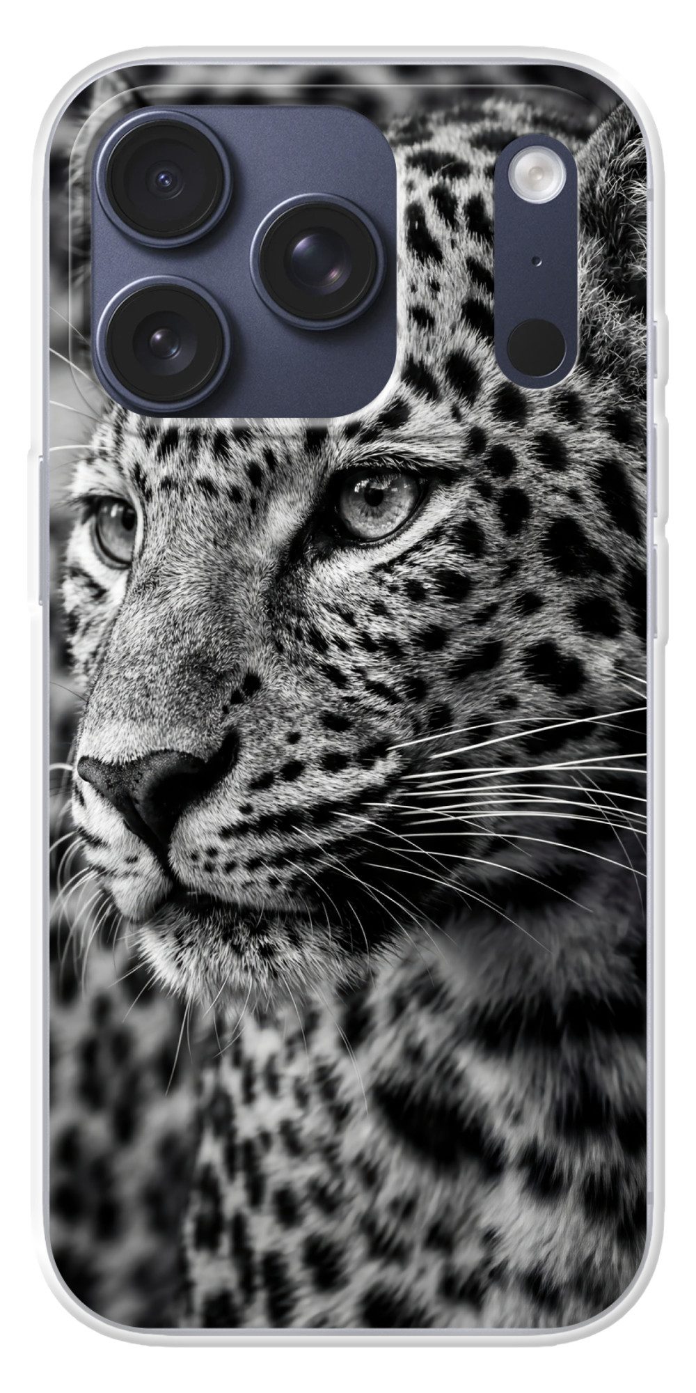 MuchoWow Handyhülle für Apple iPhone 17 Pro Leopard - Schwarz - Weiß - Auge, Smartphone-Bumper, Print, Handy Schutzhülle Dünn