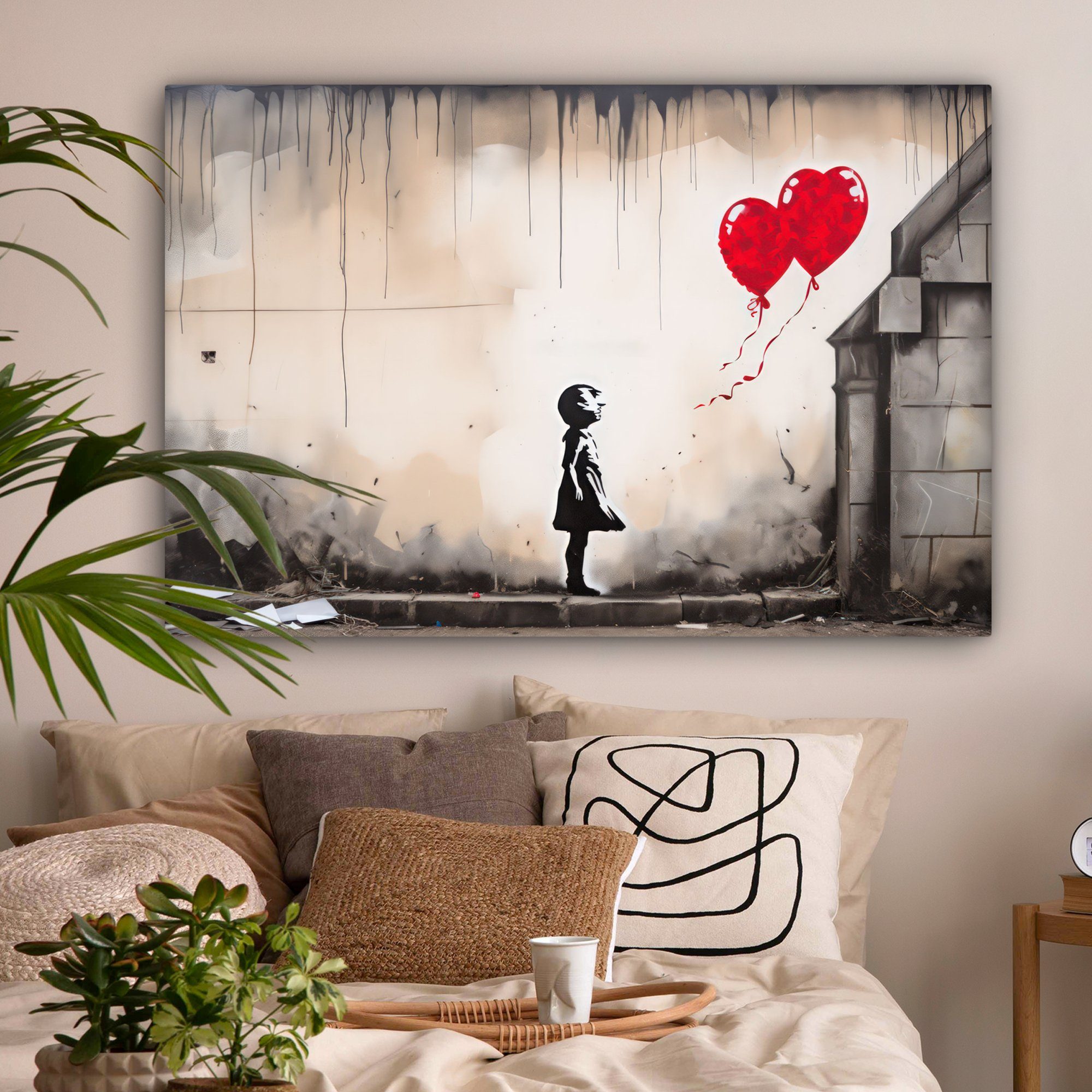 - Kunst großes, cm - - Leinwandbild 120x80 Wohnbereiche, Luftballons alle OneMillionCanvasses® für XXL, - Wandbild Gemälde, Herz (1 Mädchen St), Grau,