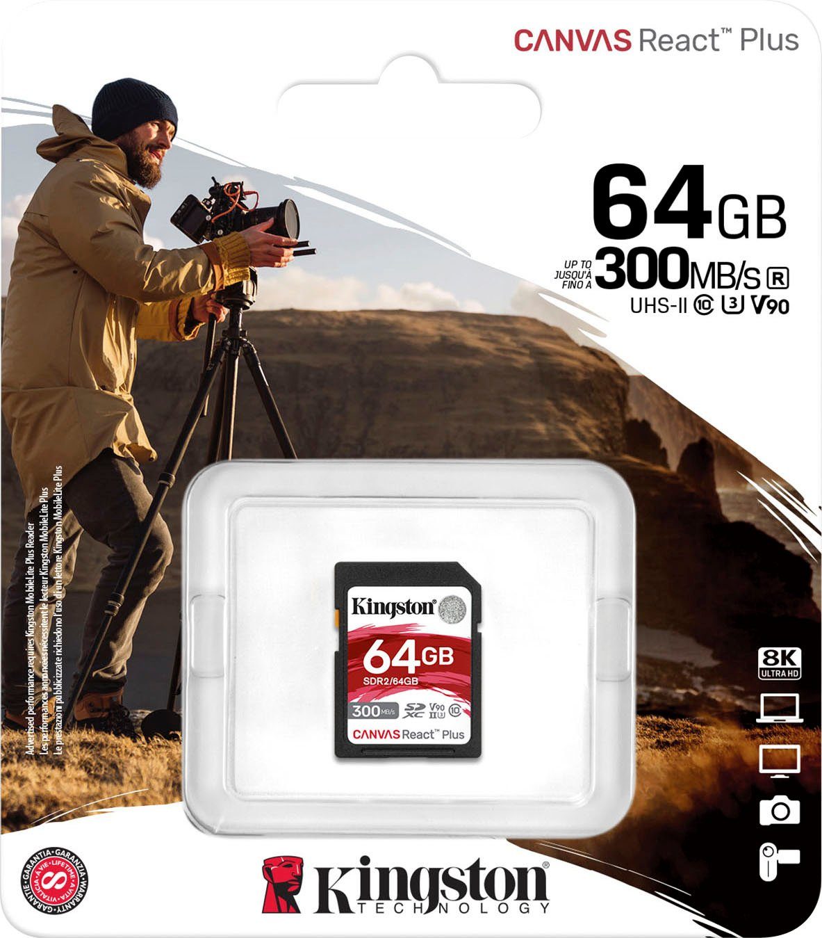 Kingston Canvas React Plus SD 64GB Speicherkarte (64 GB, Class 10, 300 MB/s Lesegeschwindigkeit)
