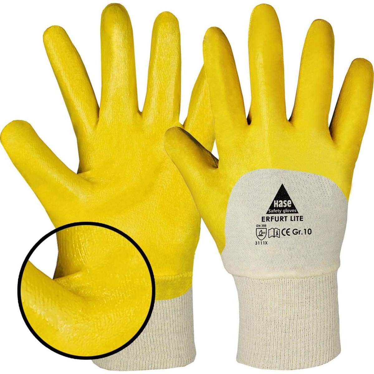 Hase Safety Gloves Arbeitshandschuh-Set 901400 Erfurt lite 3/4 Nitrilhandschuh ölbeständig gelb (Packung, 12-St., VPE= 12-144 Paar, Gr 8-11) Atmungsaktiv/Gartenhandschuh