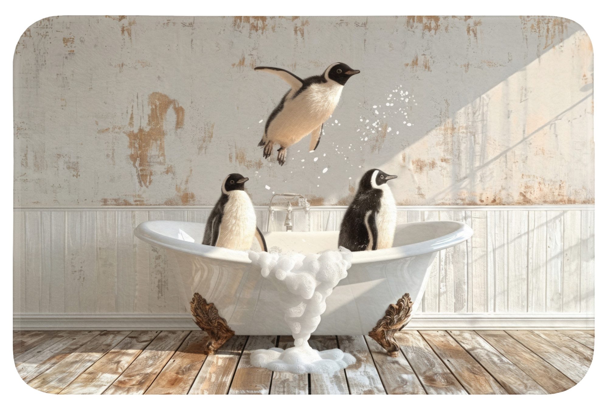 OnlyWow Badematte Vintage - Pinguin - Badewanne - Schaumstoff, Höhe 10 mm, Polyester, Rechteckig, Badezimmerteppich, Badteppich, Rutschfest, Badvorleger, Waschbar