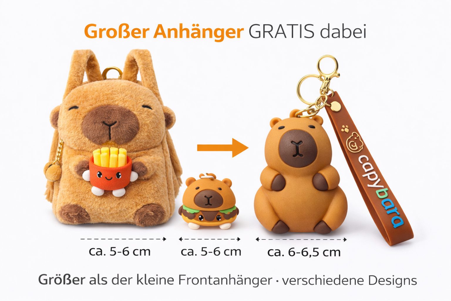 soma Schulrucksack Capybara Rucksack 2in1 Plüsch Kinder mit Anhänger Set (Set, 2-tlg., Geschenk-Set), Motiv zufällig Burger oder Pommes + Capybara Schlüsselanhä – Bild 4 von 5