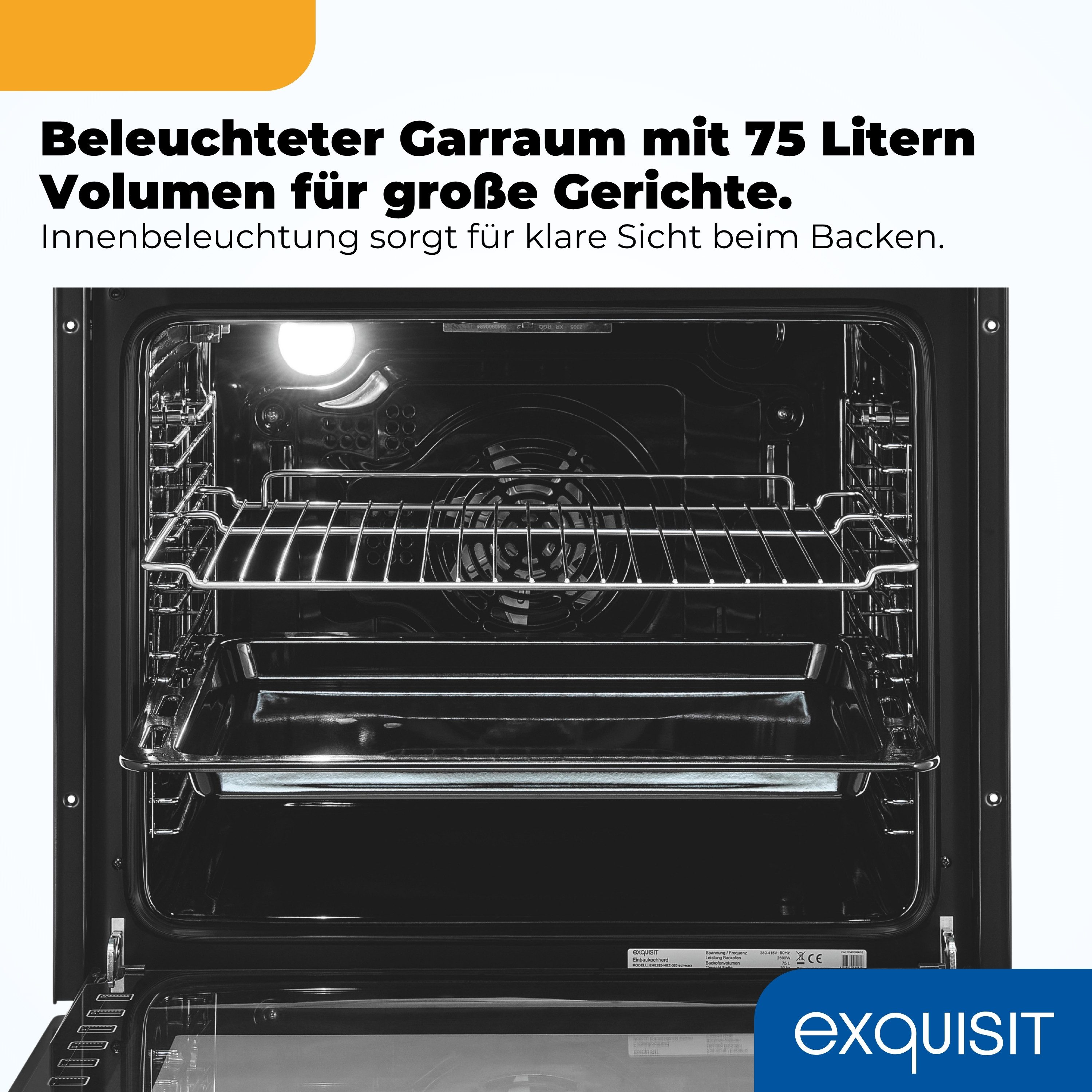exquisit Backofen-Set EHE5285-HBZ-020, mit Teleskopauszug nachrüstbar, 75 l Garraum, 9 Funktionen, Umluft Grill Heißluft, Energieklasse A