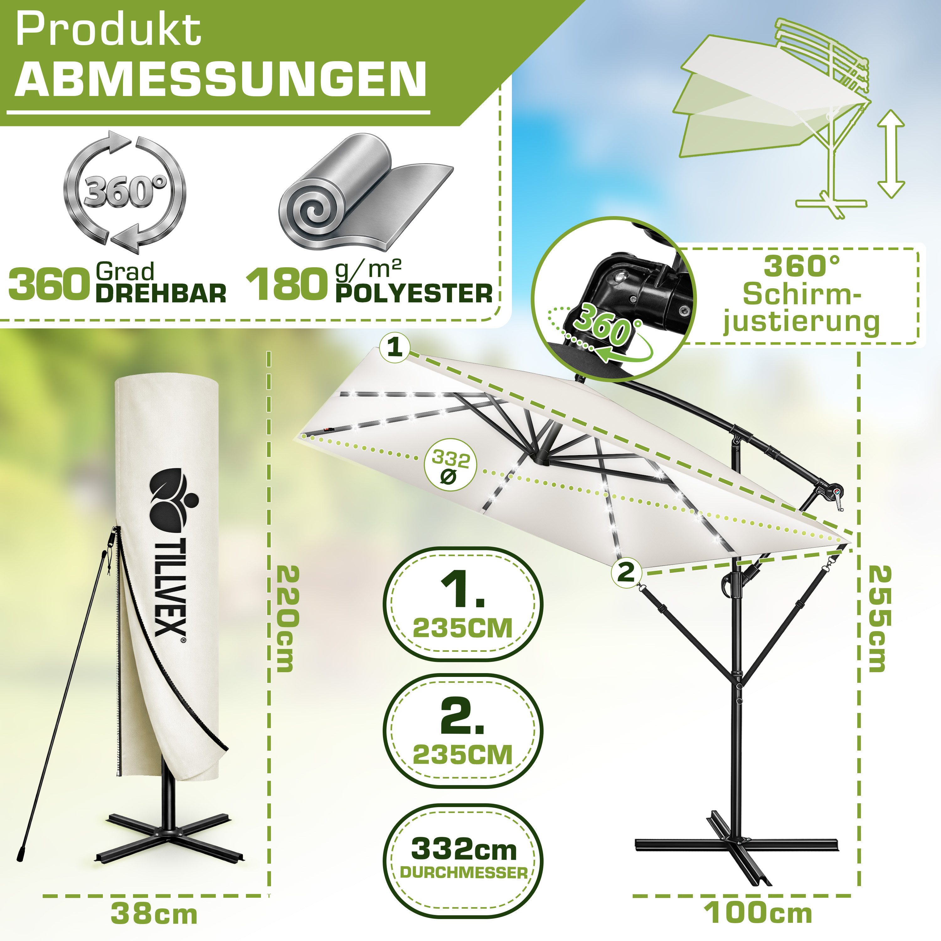 tillvex Sonnenschirm tillvex® Sonnenschirm LED Solar 235 x 235 cm Ampelschirm Gartenschirm, Kurbelschirm Marktschirm wasserdicht 360° drehbar, mit Kurbel & Windschutz Gartenschirm Aluminium, Alu Ampelschirm Ø330 cm Rechteckig mit LED Solar + Abdeckung