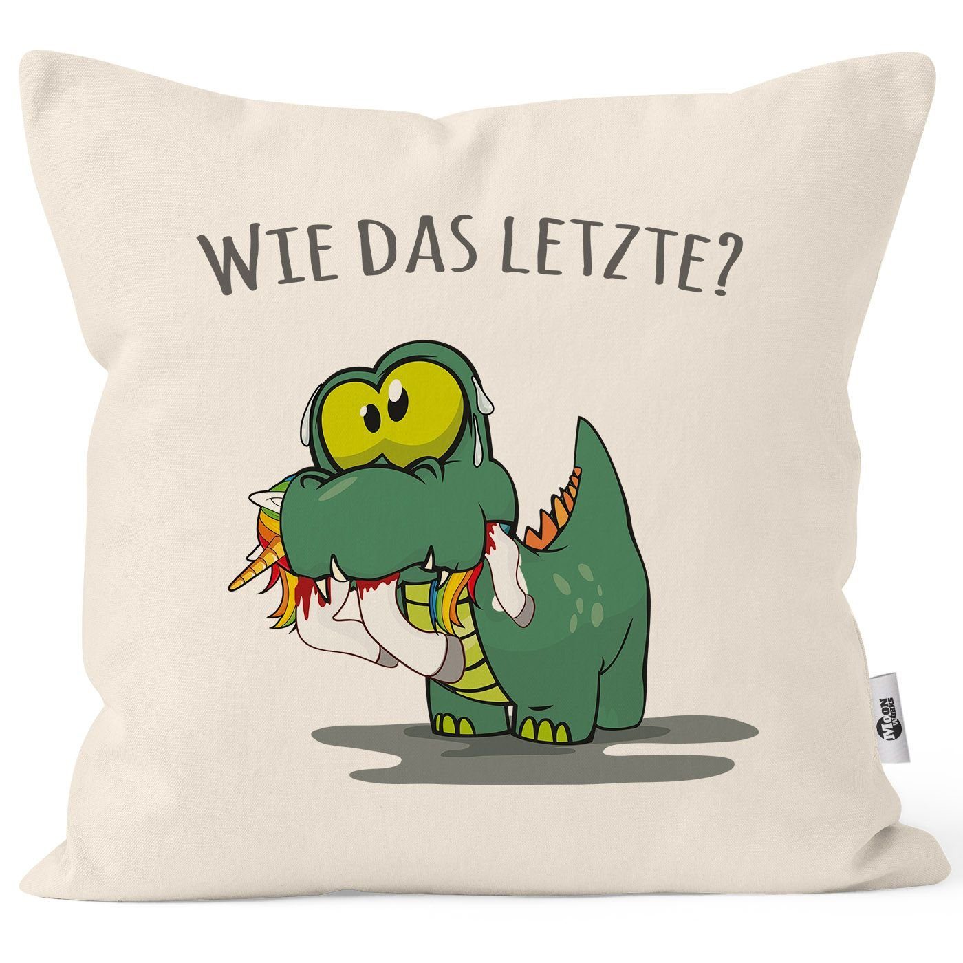 MoonWorks Dekokissen Kissen-Bezug Fun Motiv kleiner Dino frisst Einhorn  Spruch "Wie das Letzte?" Kissen-Hülle Deko-Kissen Baumwolle MoonWorks®