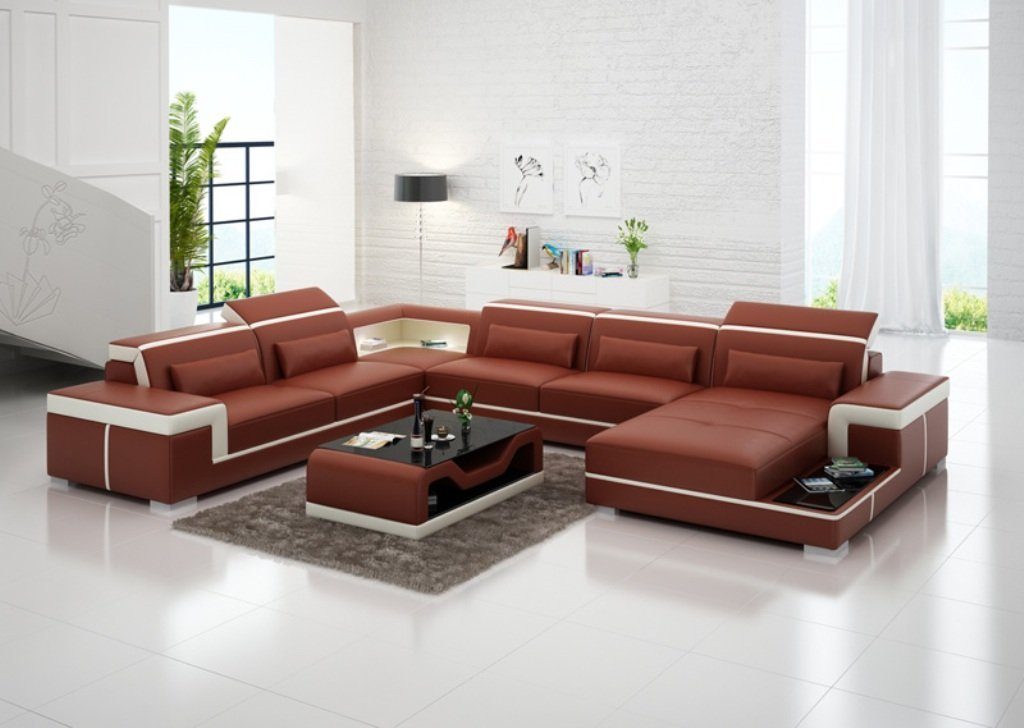 Ecksofa in U-Form Couch Sofa JVmoebel Wohnlandschaft Braun Made Garnitur, Ledersofa Europe