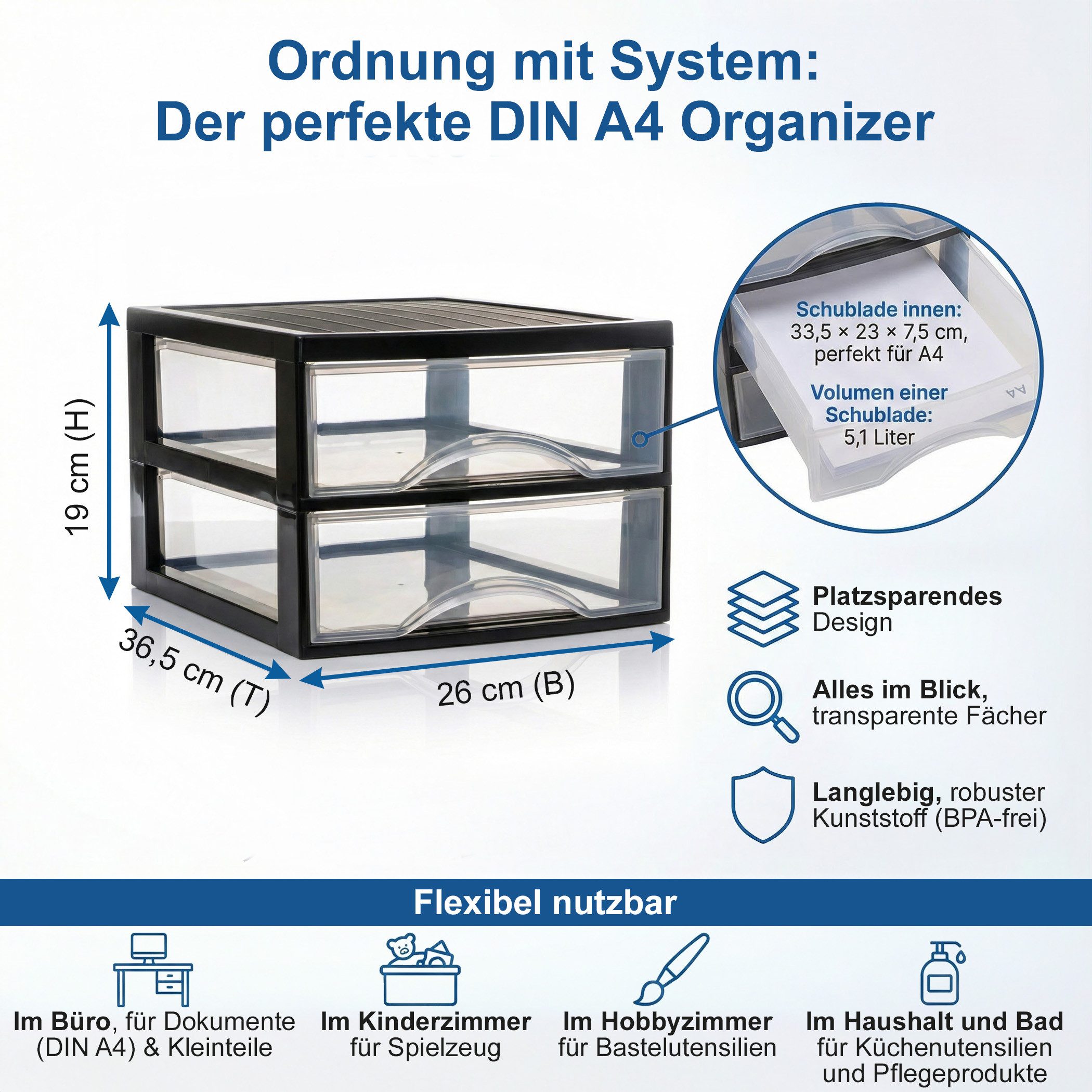 Hausfelder Schubladenbox Schubladenschrank A4 mit 2 Schubladen inkl. Aufkleber, (1-St., A4 mit 2 Schubladen), klare Sicht, einfache Organisation, bequemes Öffnen und Schließen