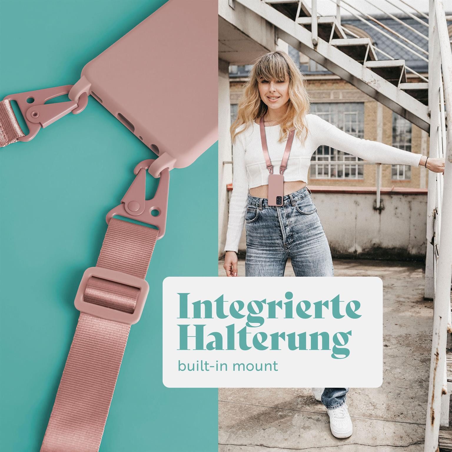 moex Handykette für Samsung Galaxy A52 Case zum Umhängen HoverCover Rosa 6,5 Zoll, Handyhülle mit Band Hülle Kette Breit Handyband abnehmbar Umhängehülle