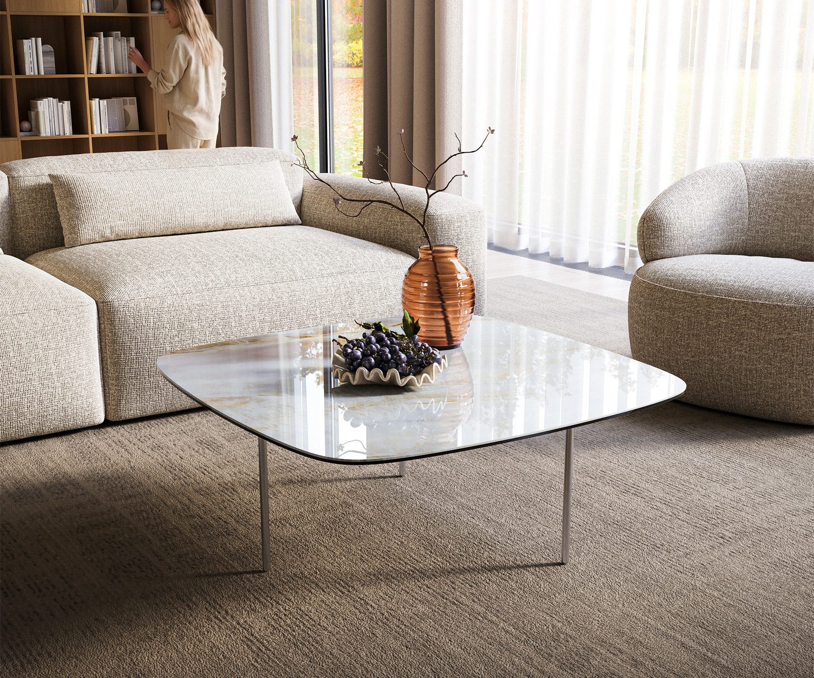 DELIFE Couchtisch Edge, Boot 90x90 cm Keramik Onyx Pearl Trive Edelstahl gebürstet