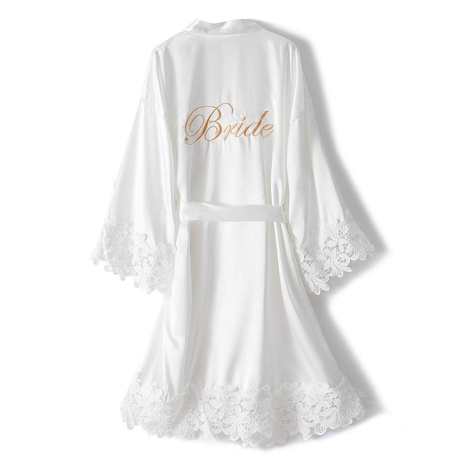 LuxusKollektion Damenbademantel Braut Robe Satin weiß L, Textil, Kimono-Kragen