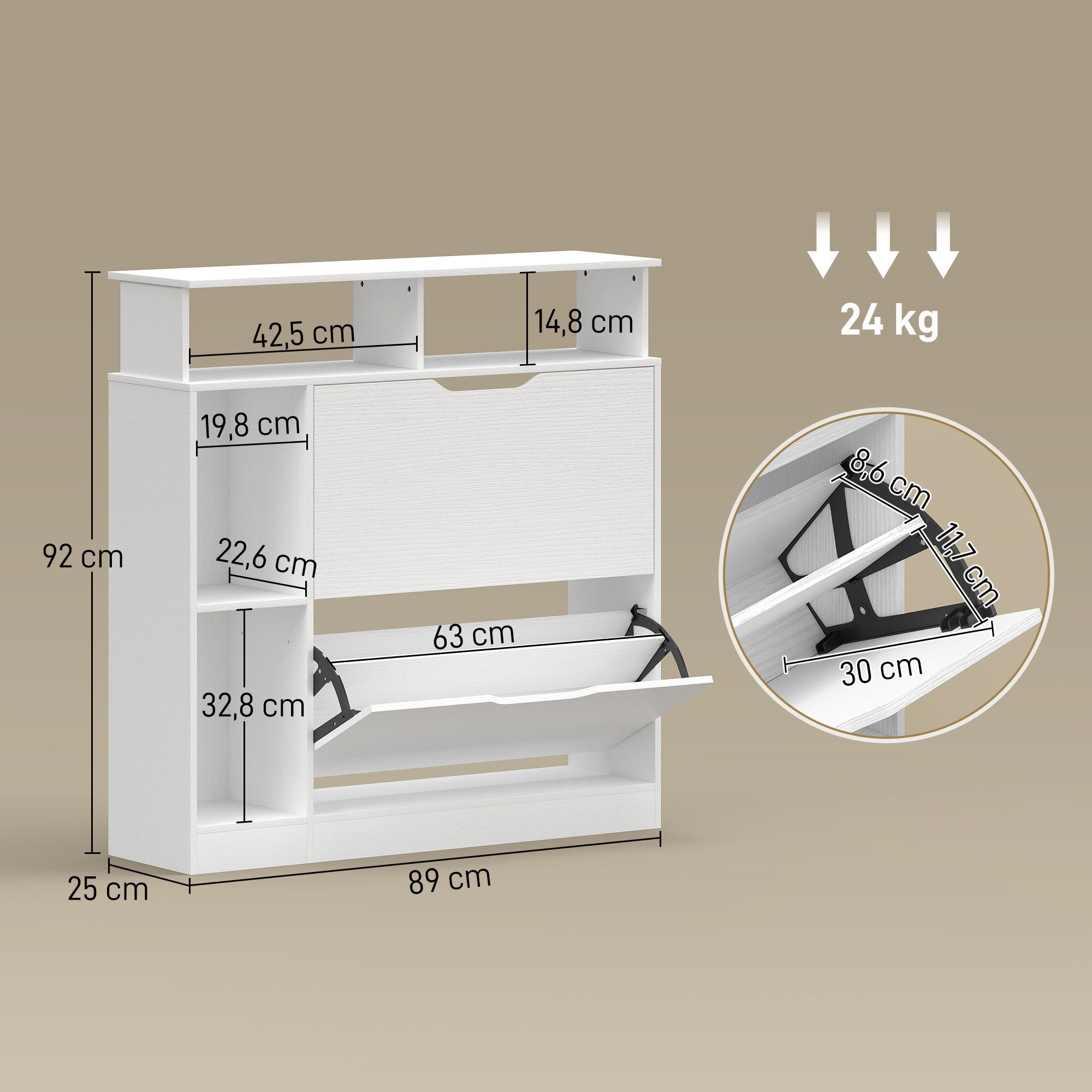 HOMCOM Schuhkipper mit 2 Klappen, Verstellbar Trennwand, offenem Fach (Schuhschrank, 1 St., Schuhregal), für Flur, Eingang 89 x 25 x 92 cm Weiß