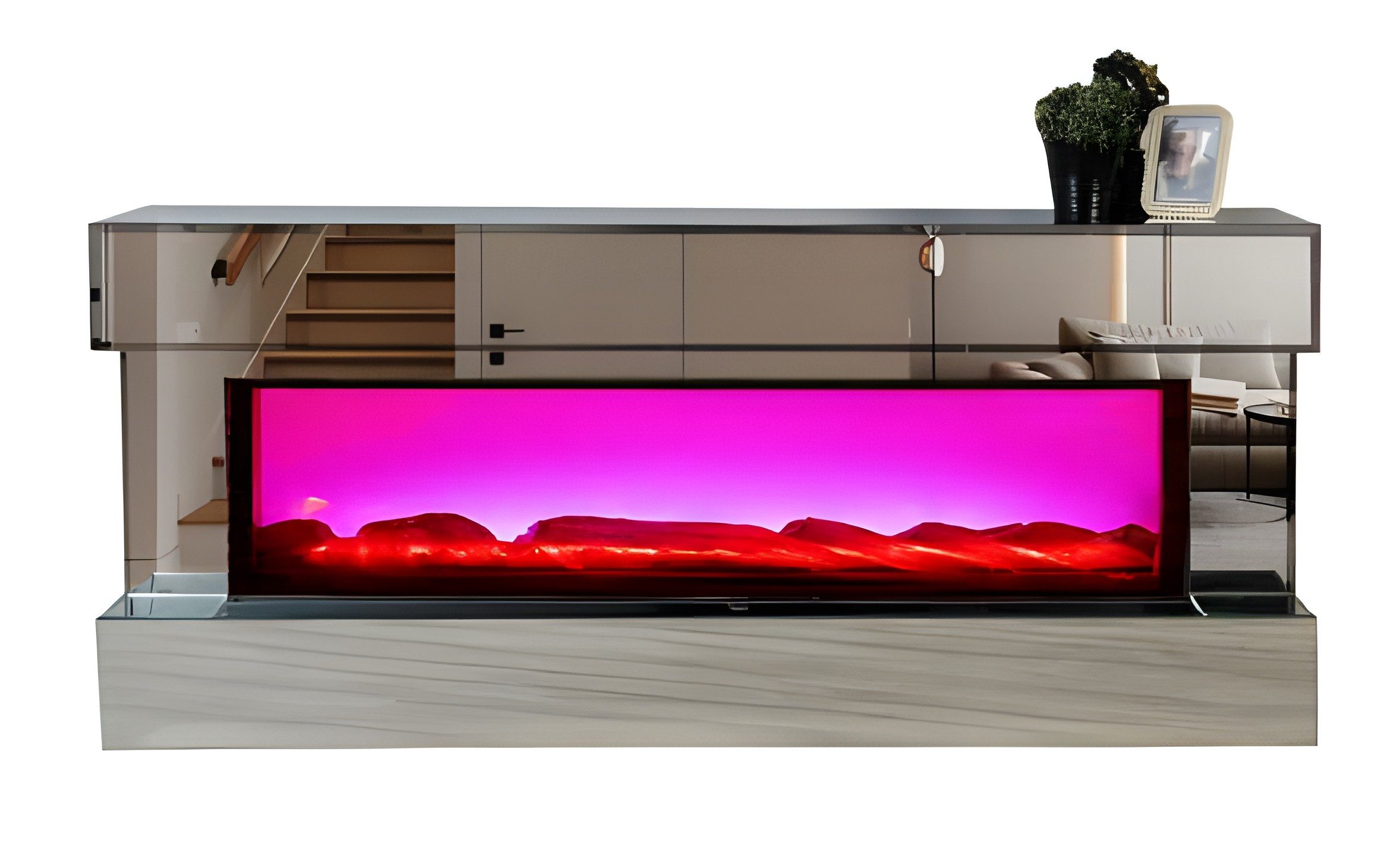 Xlmoebel Lowboard TV-Lowboard Hochglanz Silber mit Holzsockel und Kamin, Made in Europa