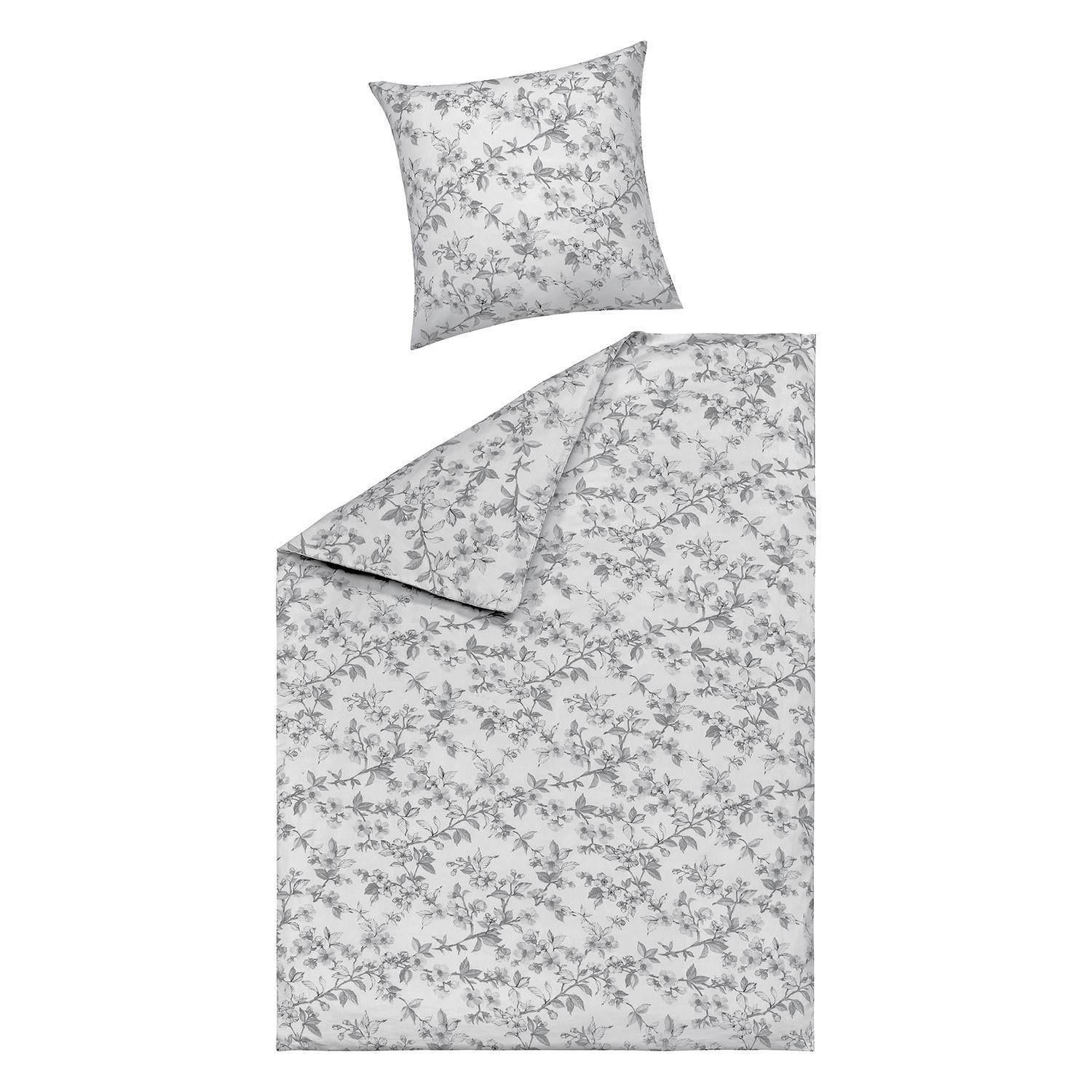 casa NOVA Постельное белье MATILDA, 135 x 200 cm, Weiß, Grau, Baumwolle, Satin, 2 teilig, florales Muster, mit Reißverschluss