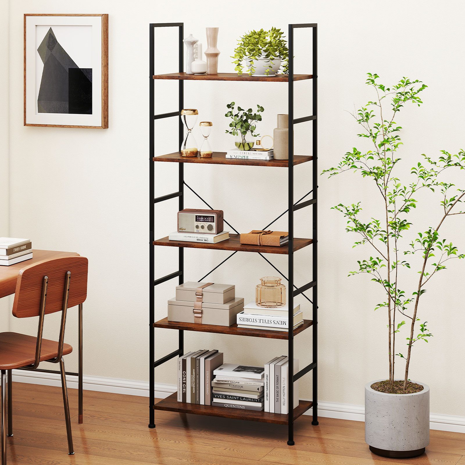 COSTWAY Bücherregal, 160 cm Standregal mit 5 Ebenen, Metallrahmen Holz
