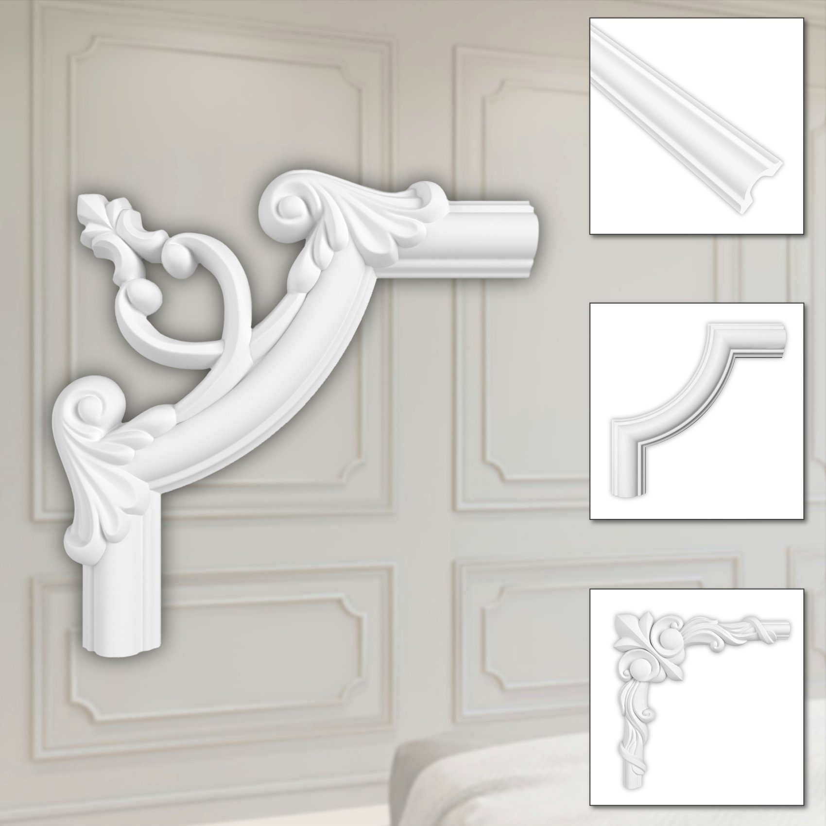 Hexim Zierleiste HCR501-2, 2 Ecken, HEXIM Eckstück aus PU-Polyurethane - extrem widerstandsfähig, schneeweiß & modern (2 Stück HCR501-2) Stuck Verzierung Rahmen Vertäfelung Weiß HCR501-2 - 180 x 180 mm