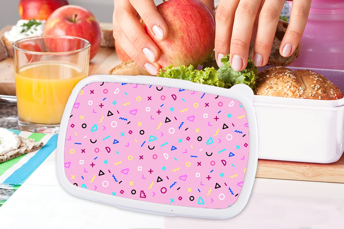Design Kunststoff, für MuchoWow Jahre Lunchbox (2-tlg), Jungs - - Brotbox Brotdose, Kinder Erwachsene, Rosa für und und weiß Muster 80s, - Mädchen