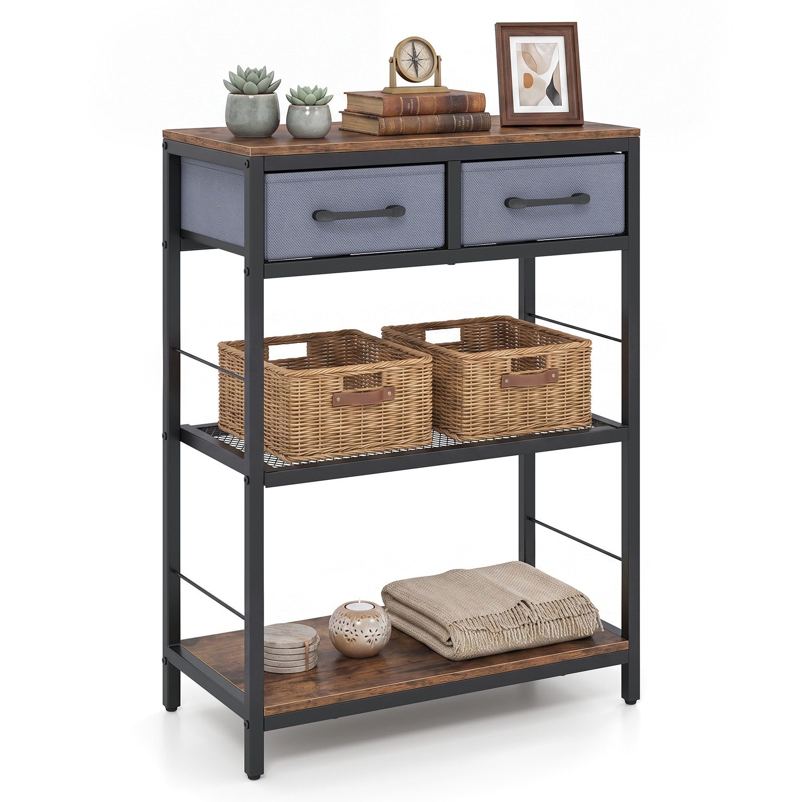 COSTWAY Konsolentisch, schmal mit 2 Stoffschubladen & Regal Eingangstisch 60x30x81cm