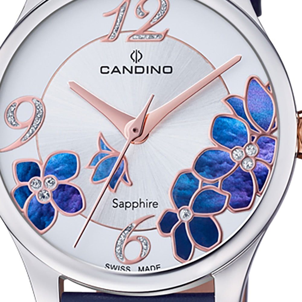 Candino Quarzuhr Candino Damen Armbanduhr Elegance, (Analoguhr), Damen Armbanduhr rund, Lederarmband dunkelblau, Fashion