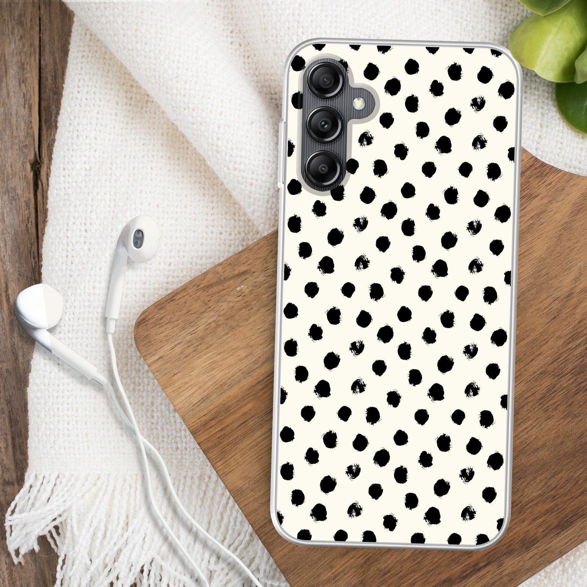 MuchoWow Handyhülle für Samsung Galaxy A14 5G Polka dots - Schwarz - Weiß - Druck - Minima, Smartphone-Bumper, Print, Handy Schutzhülle Dünn