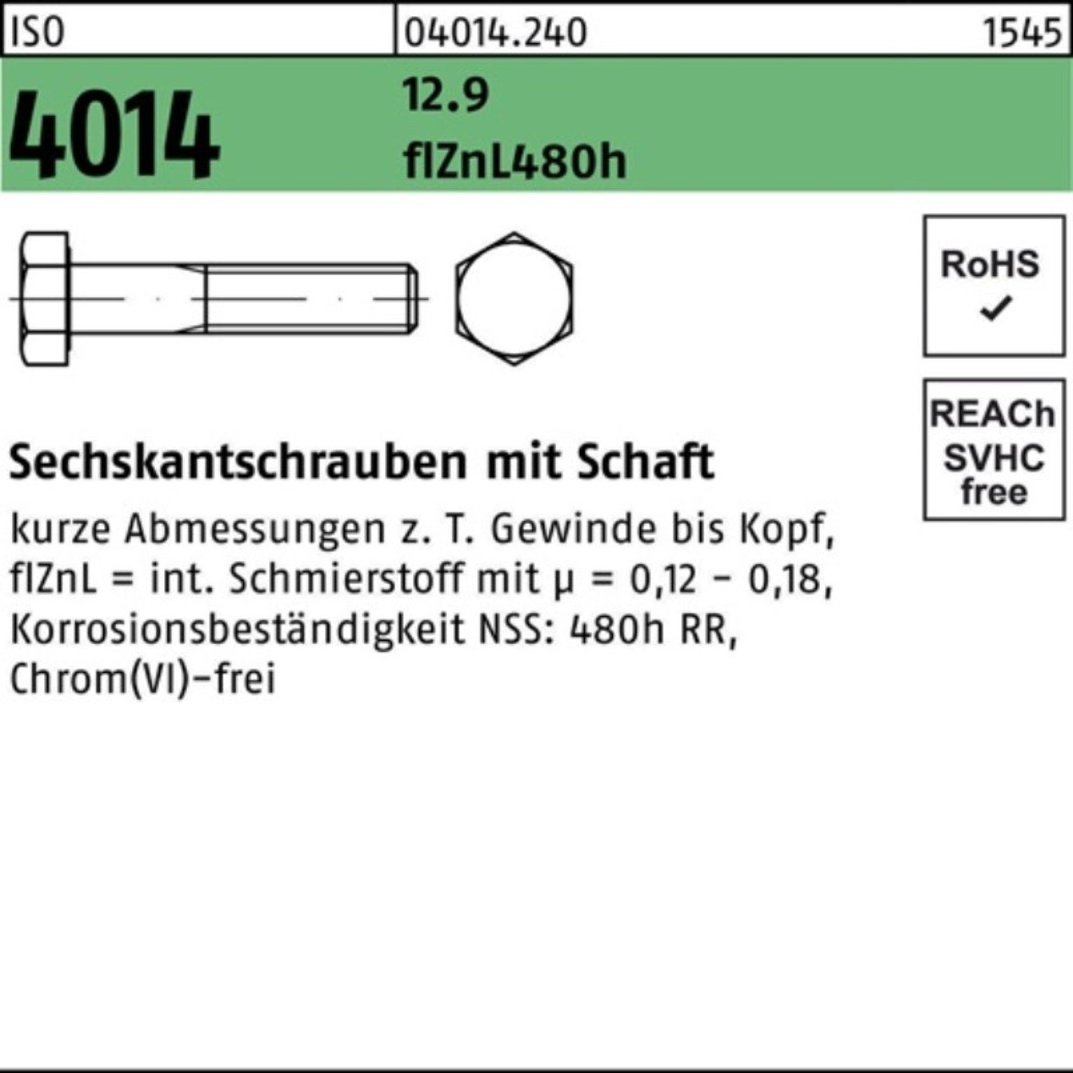 Pack Sechskantschraube 480h Schaft Reyher M10x100 z ISO Sechskantschraube flZnL 100er 4014 12.9