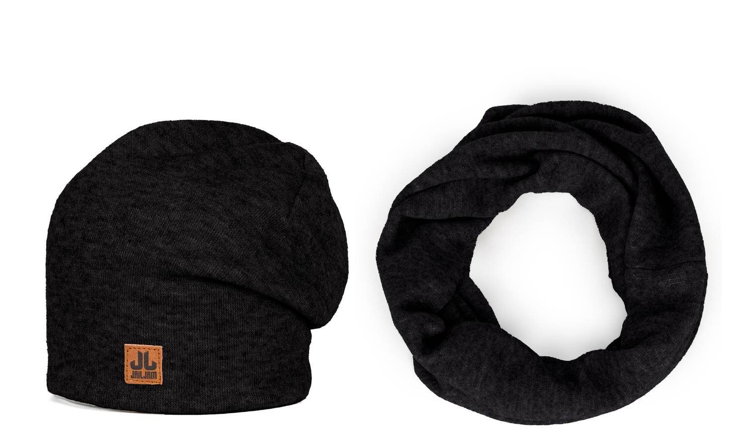 Jail Jam Strickmütze Unisex Winter Kombi-Set CHEMUNG: Beanie mit Loop-Schal, doppellagig Black