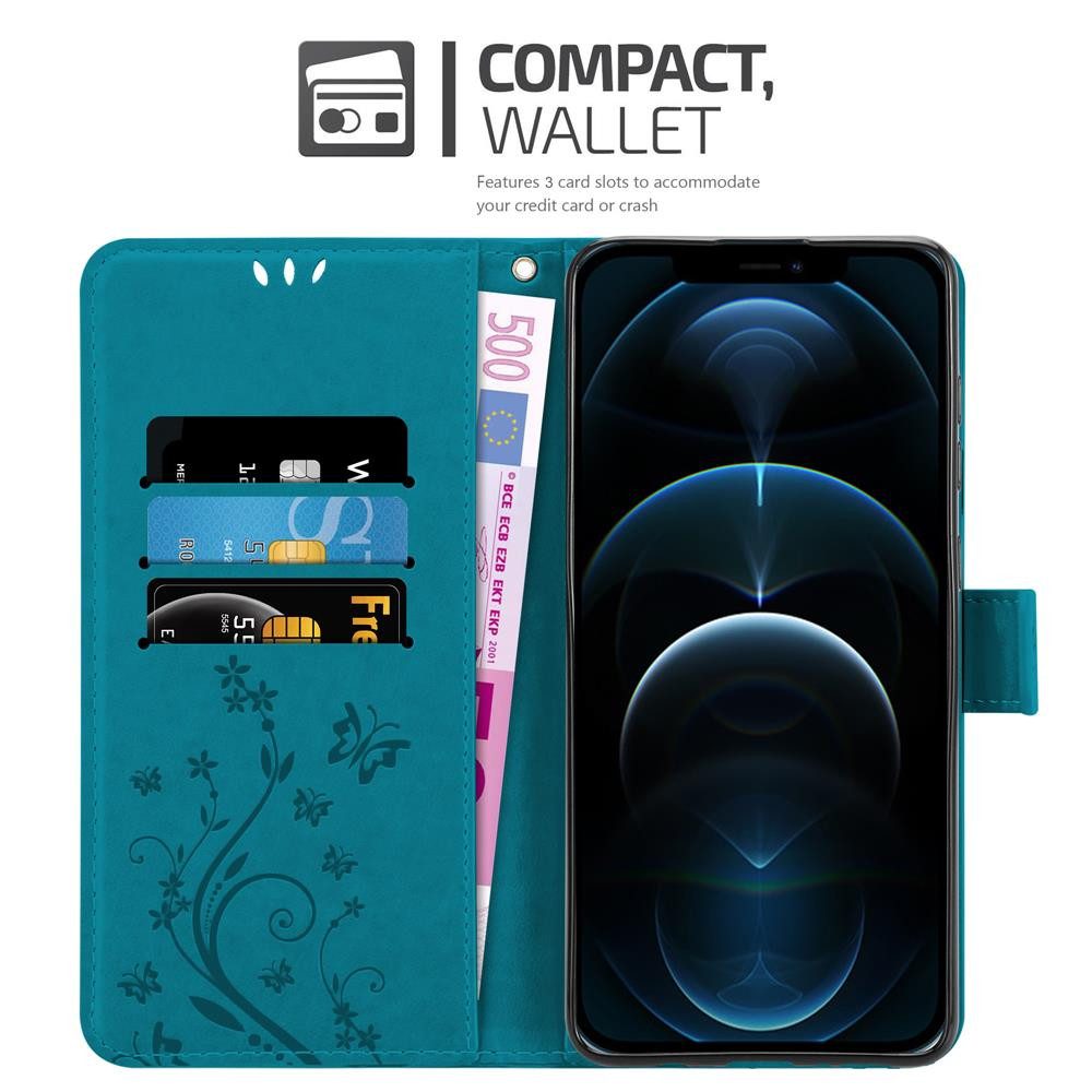 Cadorabo Handyhülle für iPhone 12 / 12 PRO Hülle Apple iPhone 12 / 12 PRO, Hülle Schutzhülle Blumen Flower mit Standfunktion Kartenfach Magnet