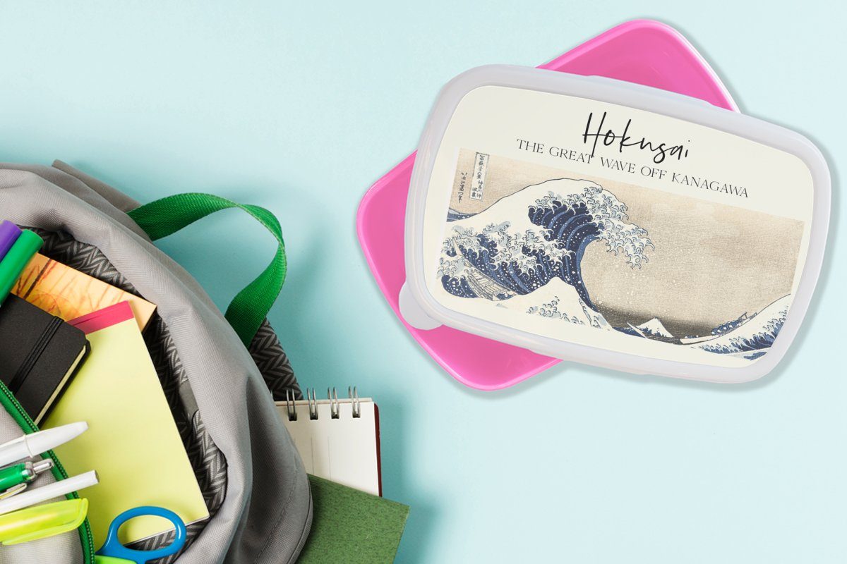 Kinder, große Kanagawa MuchoWow Brotbox für von - Erwachsene, Die Brotdose Kunst, Snackbox, Japanische Hokusai rosa Mädchen, Kunststoff, - Lunchbox (2-tlg), Welle Kunststoff