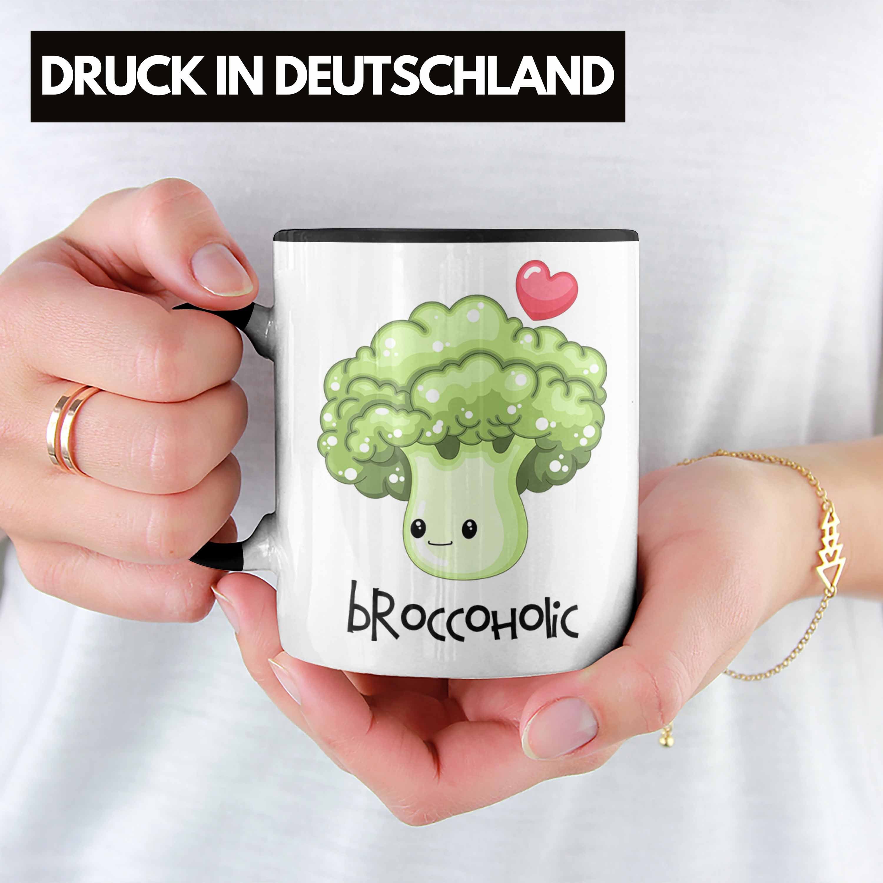 Trendation Tasse Lustige Broccoli-Tasse "Broccoholic" für Gemüseliebh Witziges Schwarz Geschenk
