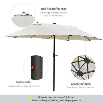 Outsunny Sonnenschirm Mit LED Doppelsonnenschirm Terrassenschirm mit Handkurbel, LxB: 256x440 cm, Marktschirm, Gartenschirm, Oval Metall Cremeweiß