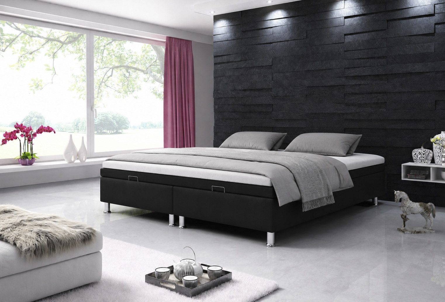 inter Boxbett Box 180x200 cm Bettkasten Kunstleder Schwarz mit Topper-Optik (Boxspringbett, 2 Bettkästen, 2 Taschenfederkernmatratzen), Ohne Kopfteil, Bettkasten beidseitig nutzbar