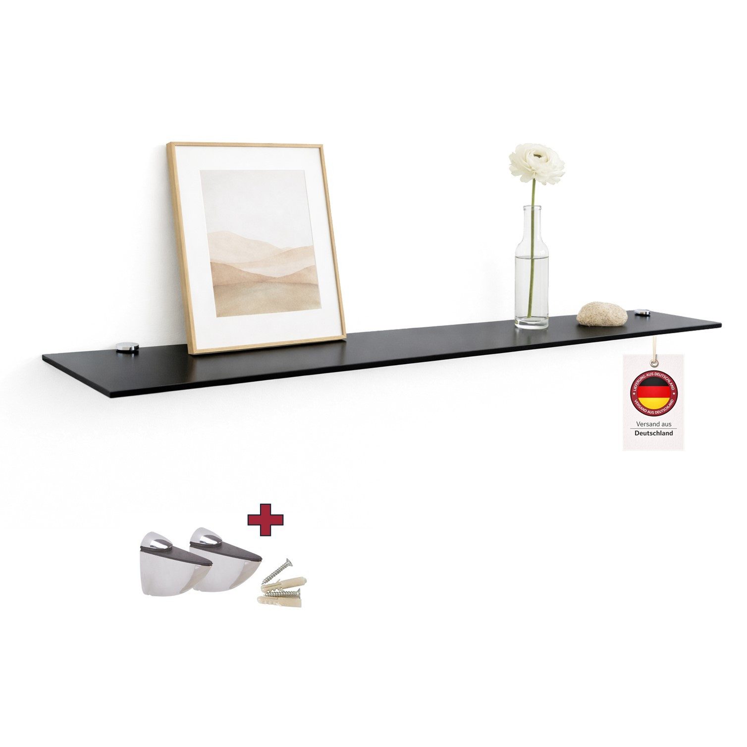 HOOZ Wandregal Glasregal, Wandablage ESG 100x13 cm, rechteckig, mit Halterung Schwarz, Regal Glas, Platzsparende Wandboard für Dusche, Bad, Küche oder Wohnraum