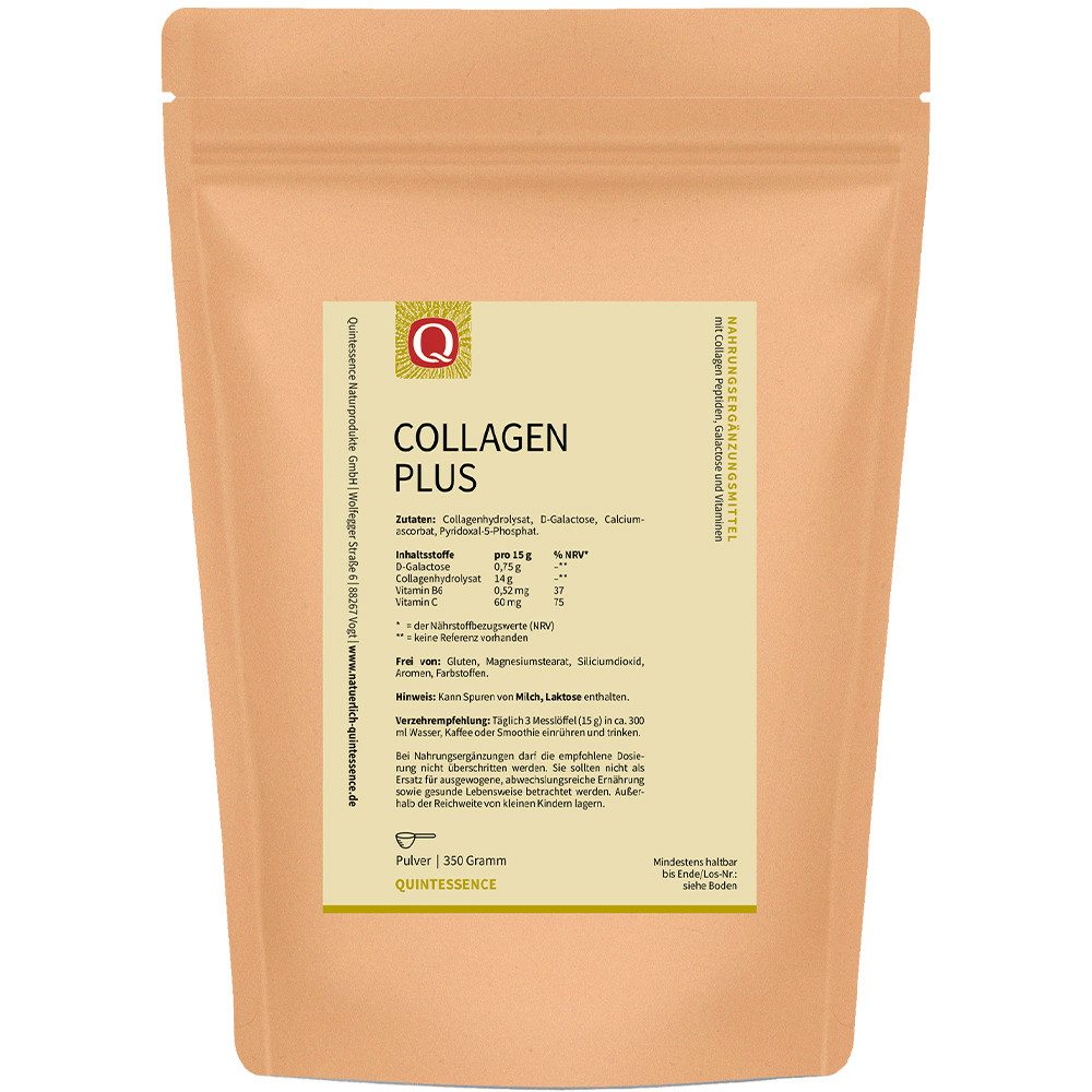 Quintessence Collagen Plus – Kollagen mit Collagen Peptiden, Vitamin C - 350 g Pulver, 350 g, Hochwertige Premiumqualität - mit aktivem Vitamin B6