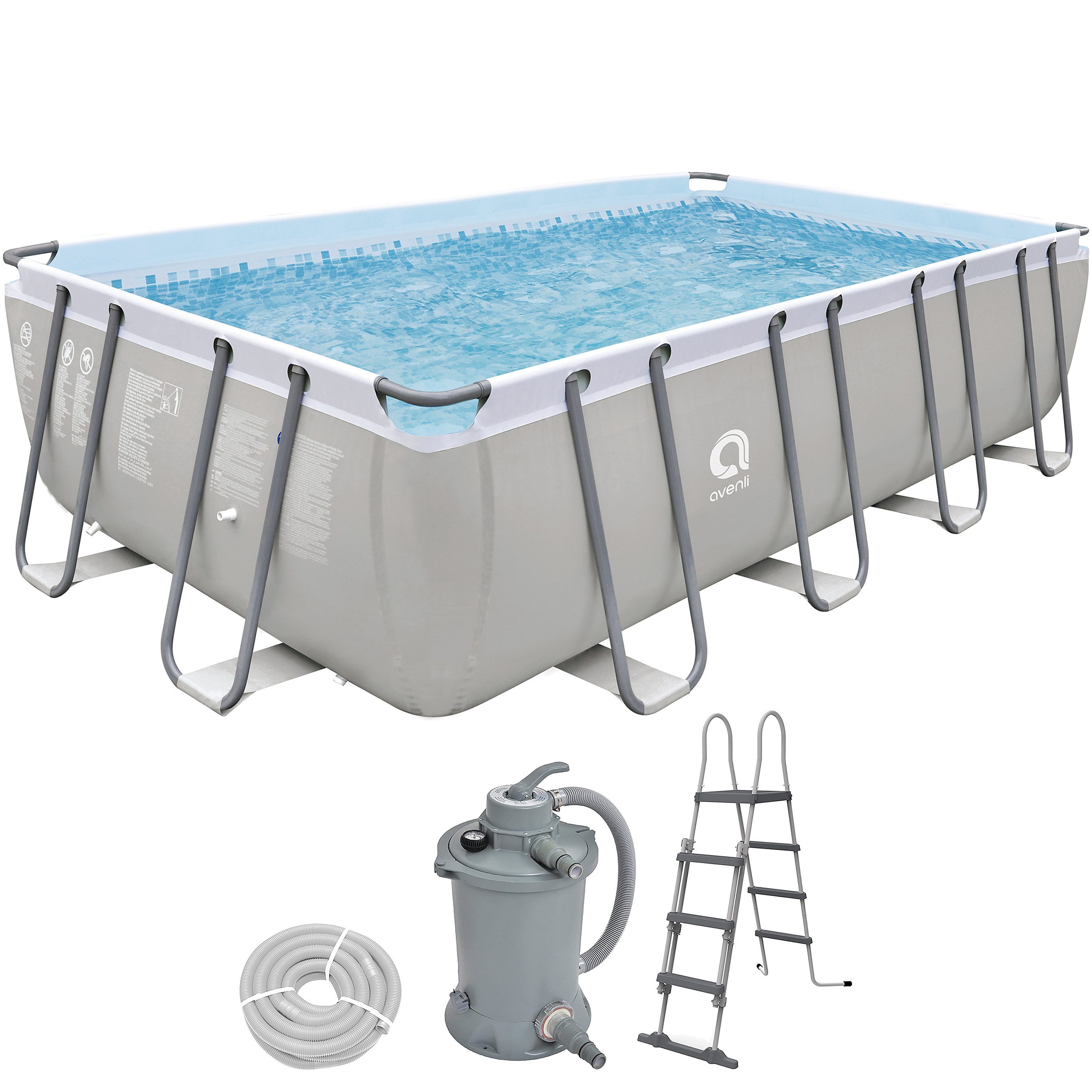 Avenli Framepool Frame Plus Rectangular Pool 549x305x122 cm (Stahlrahmenpool Komplettset mit Sandfilter, Mit Zubehör), Inklusive Sandfilteranlage, Schläuchen und Leiter
