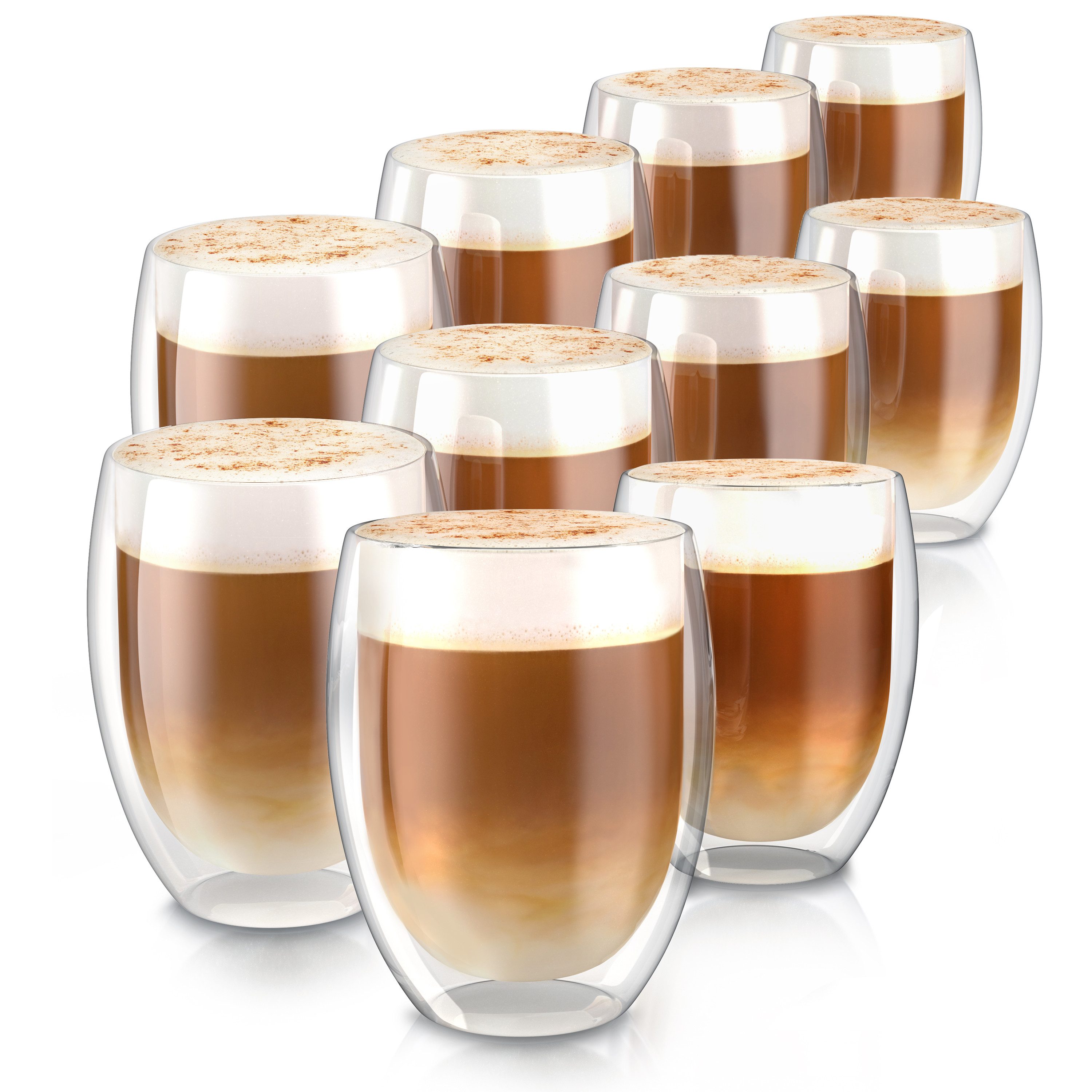 Arendo Gläser-Set doppelwandige Thermogläser, 350 ml Kaffeetasse, Trinkglas ohne Henkel, 10-tlg., Glas, für Latte Macchiato, Cappuccino, Tee, hitzebeständig spülmaschinenfest