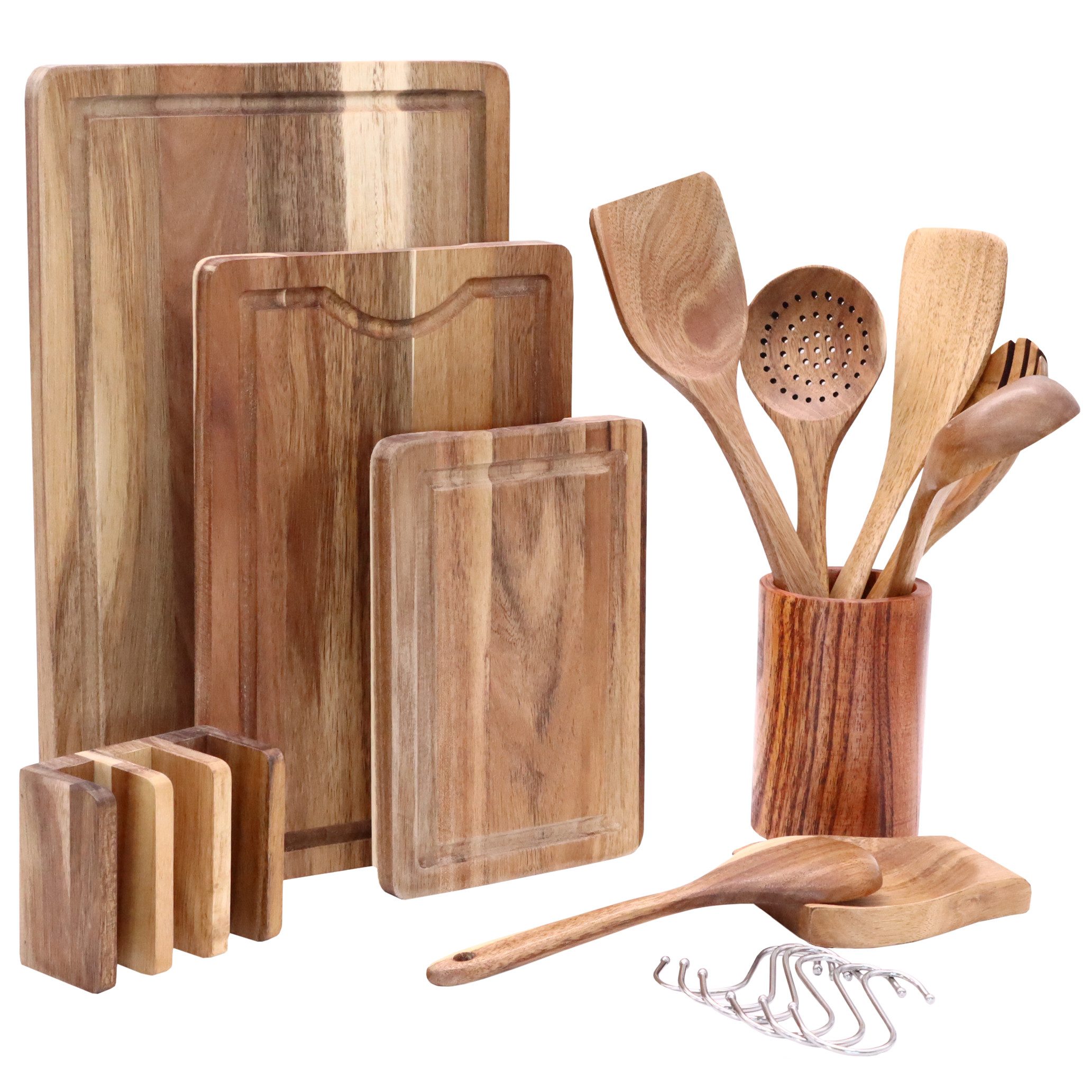 Lacers Schneidebrett Schneidebretter 4-teilig & 14-teiliges Kochlöffel-Set aus Akazienholz, (2-St), nachhaltig, langlebig, widerstandfähig, hitzebeständig, messerschonend