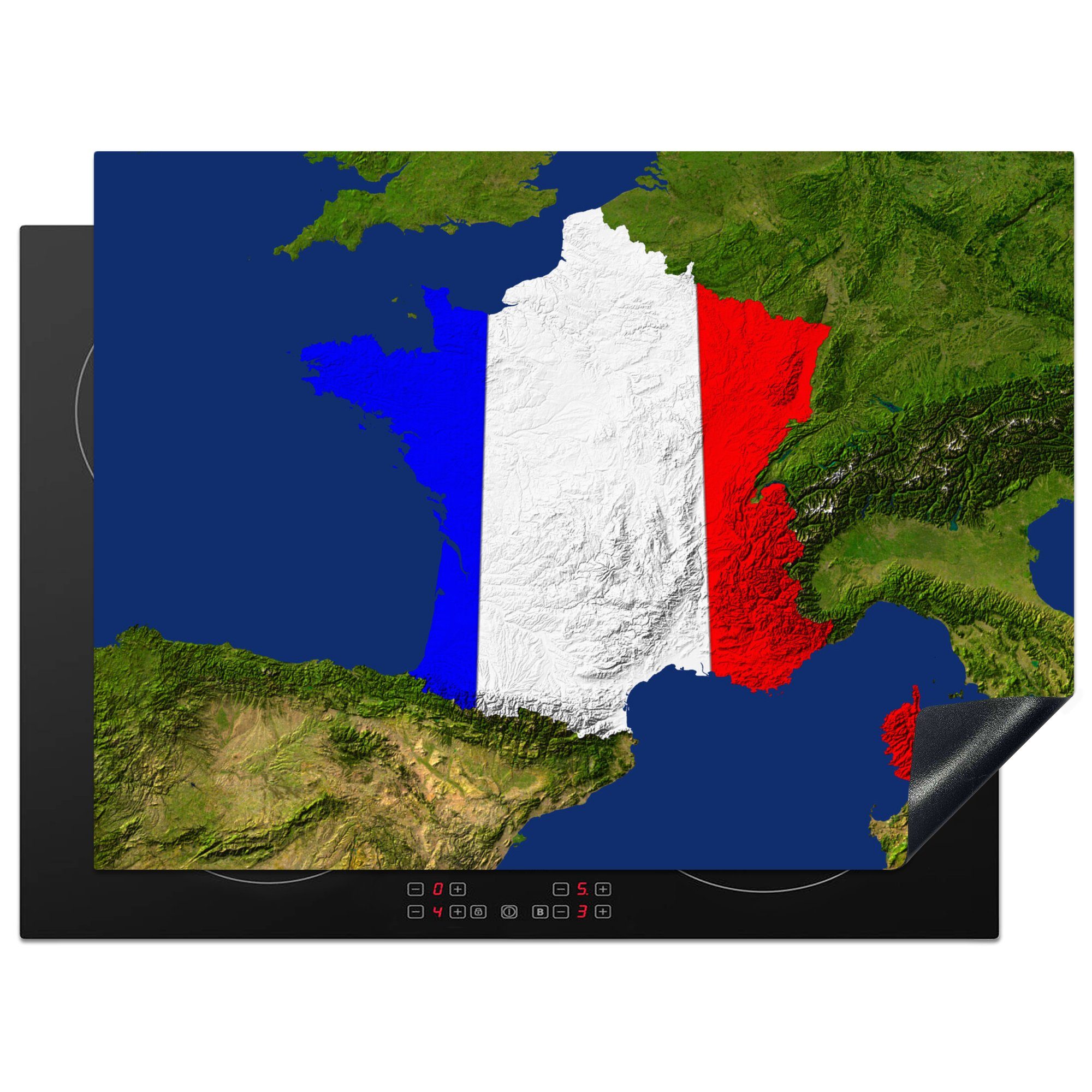 MuchoWow Herdblende-/Abdeckplatte Satellitenbild von Frankreich mit der Flagge des Landes, Vinyl, (1 tlg), 71x52 cm, Induktionskochfeld Schutz für die küche, Ceranfeldabdeckung