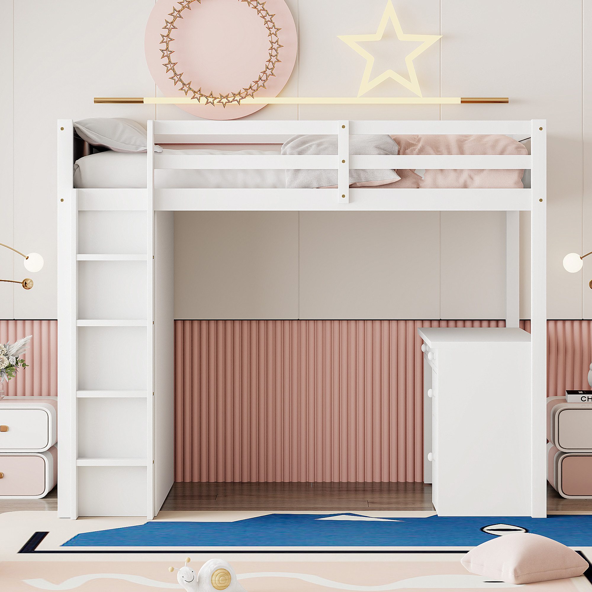 IDEASY Hochbett Hochbett mit Schreibtisch und Regalen, mit Schubladen, 90 x 200 cm, weiß/rosa, ohne Matratze und Dekoration