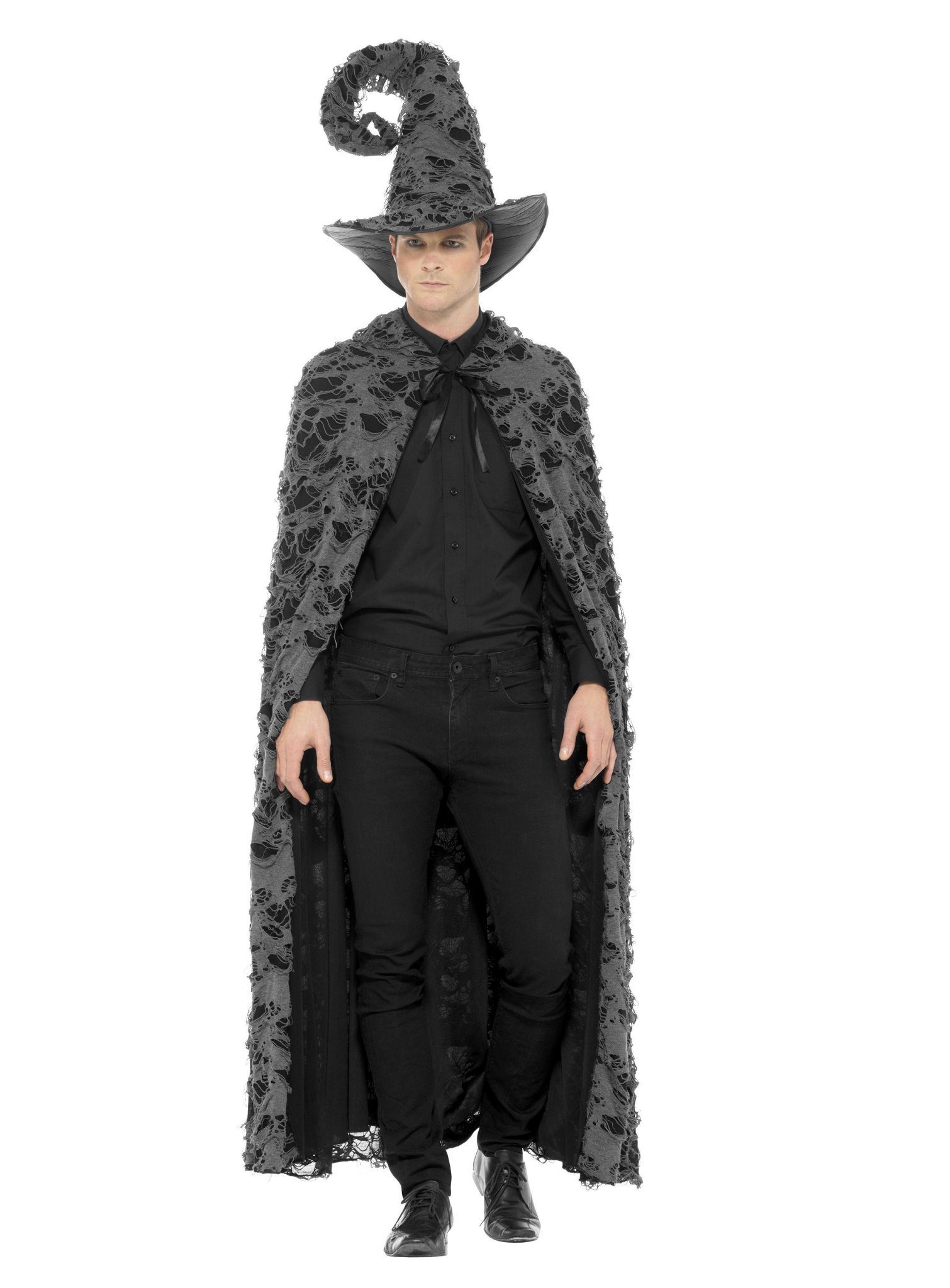Smiffys Zauberer-Kostüm Hexercape grau - Umhang Halloween Kostüm Damen, Umhang für abgerissene Hexen und Zauberer