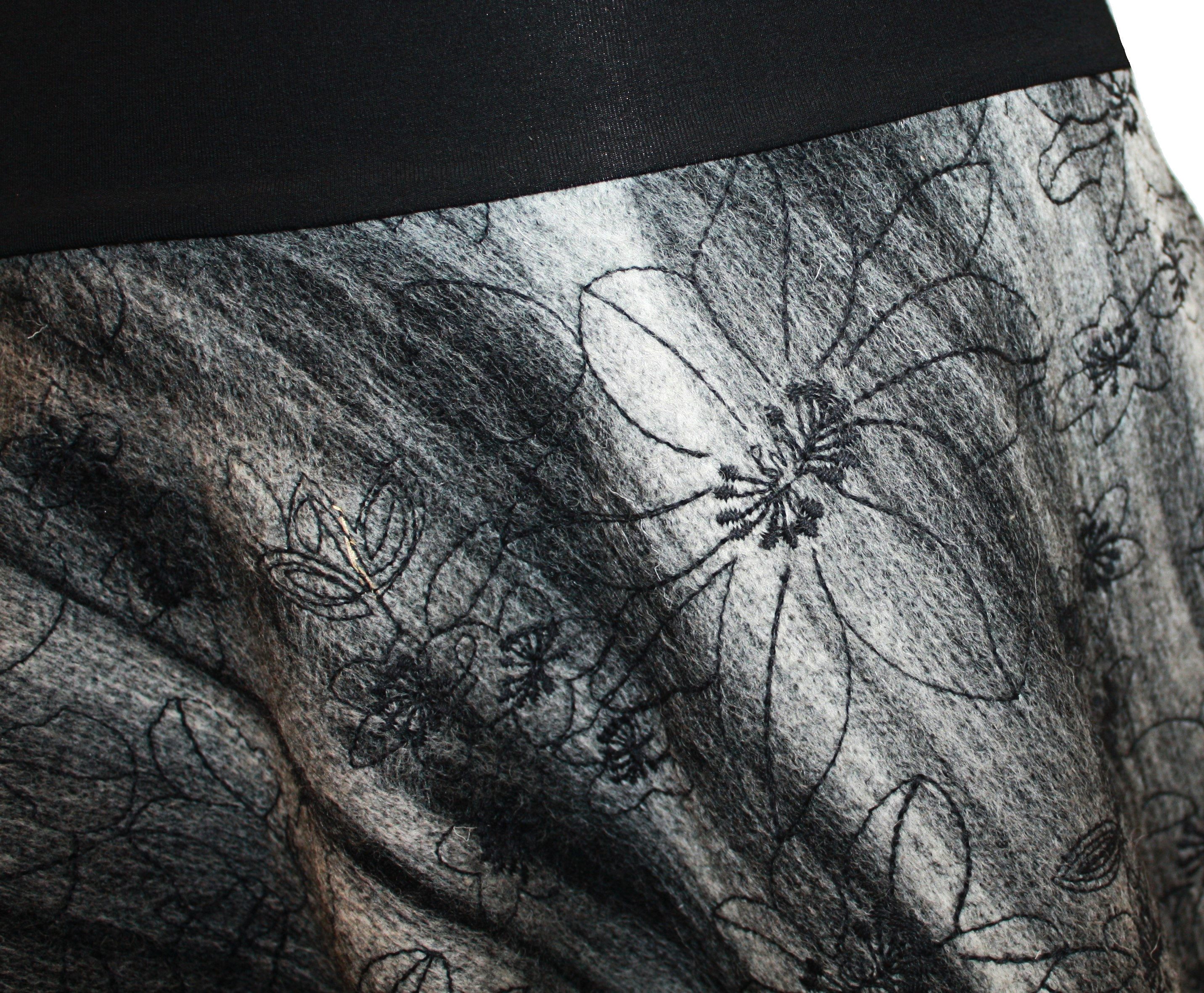 dunkle design A-Linien-Rock Wolle Grau bestickt 57cm elastischer Bund