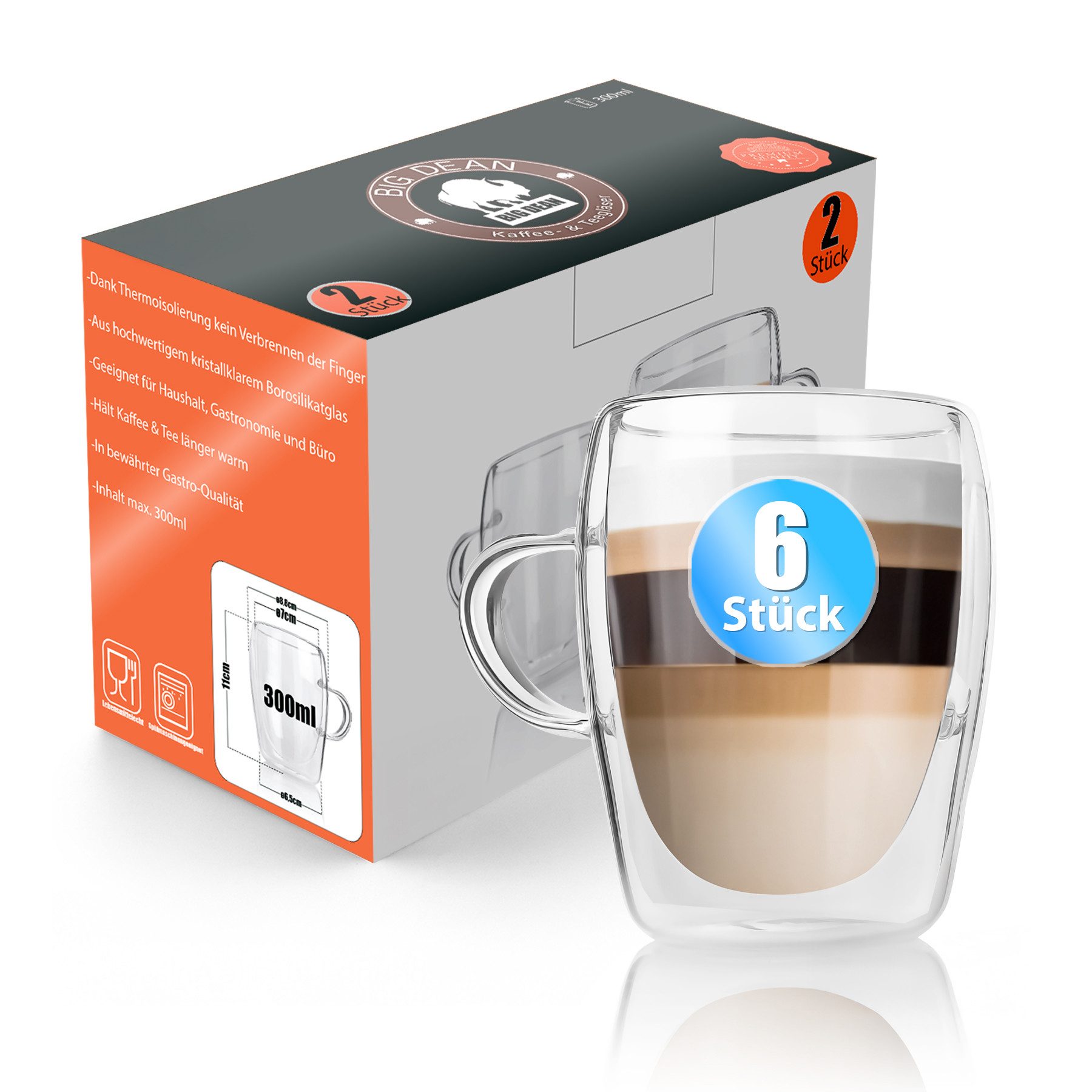 BigDean Latte-Macchiato-Glas 6 Stück doppelwandige Latte Macchiato Gläser mit Henkel 300 ml, 6-tlg., Glas, Borosilikat Glas, Spülmaschinenfest, Lebensmittelecht
