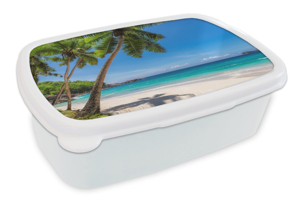 MuchoWow Lunchbox Strand - Palme - Meer - Insel, Kunststoff, (2-tlg), Brotbox für Kinder und Erwachsene, Brotdose, für Jungs und Mädchen weiß