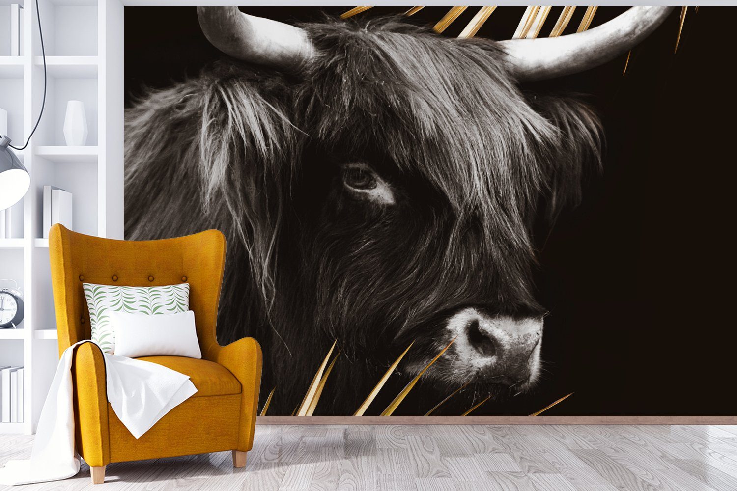 Schwarz Gold Vinyl - bedruckt, Kinderzimmer, Fototapete Schlafzimmer, MuchoWow - Highlander Wallpaper St), Wohnzimmer, (6 für - Weiß, Matt, Schottischer Tapete