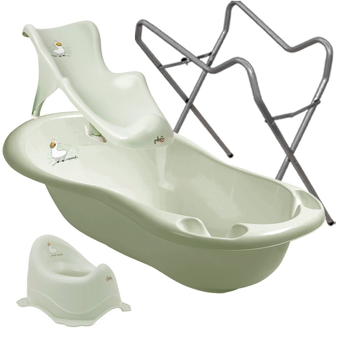 Maltex Babybadewanne LAMA Lindgrün Set 3-tlg + Gestell Grau - Babybadeset Zubehör Pflege, (Made in Europe Premium Set), ** Babywanne+ Badesitz + Topf + Gestell **