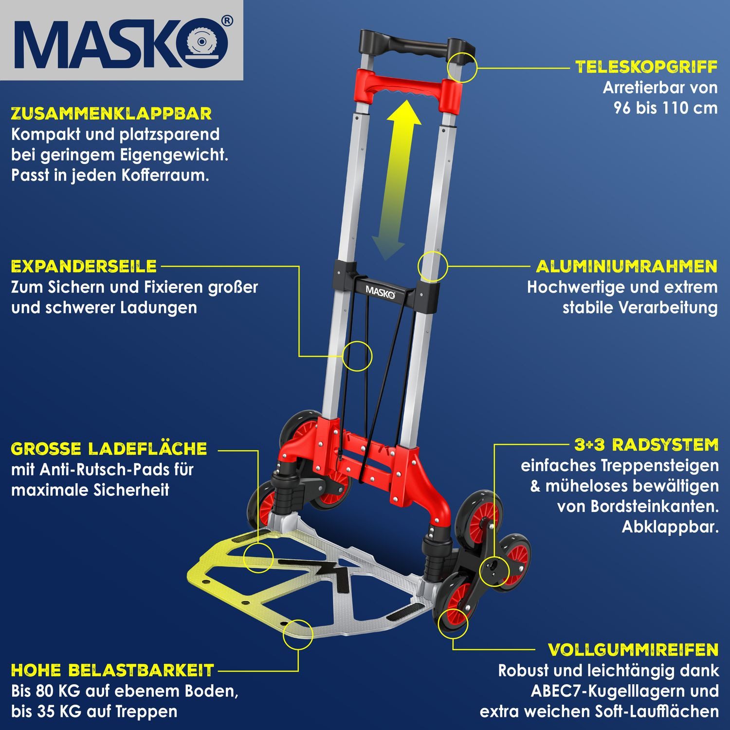 Thumbnail - MASKO Sackkarre, Stufen-Sackkarre Treppenkarre Klappbar 80 kg Tragkraft 3x3