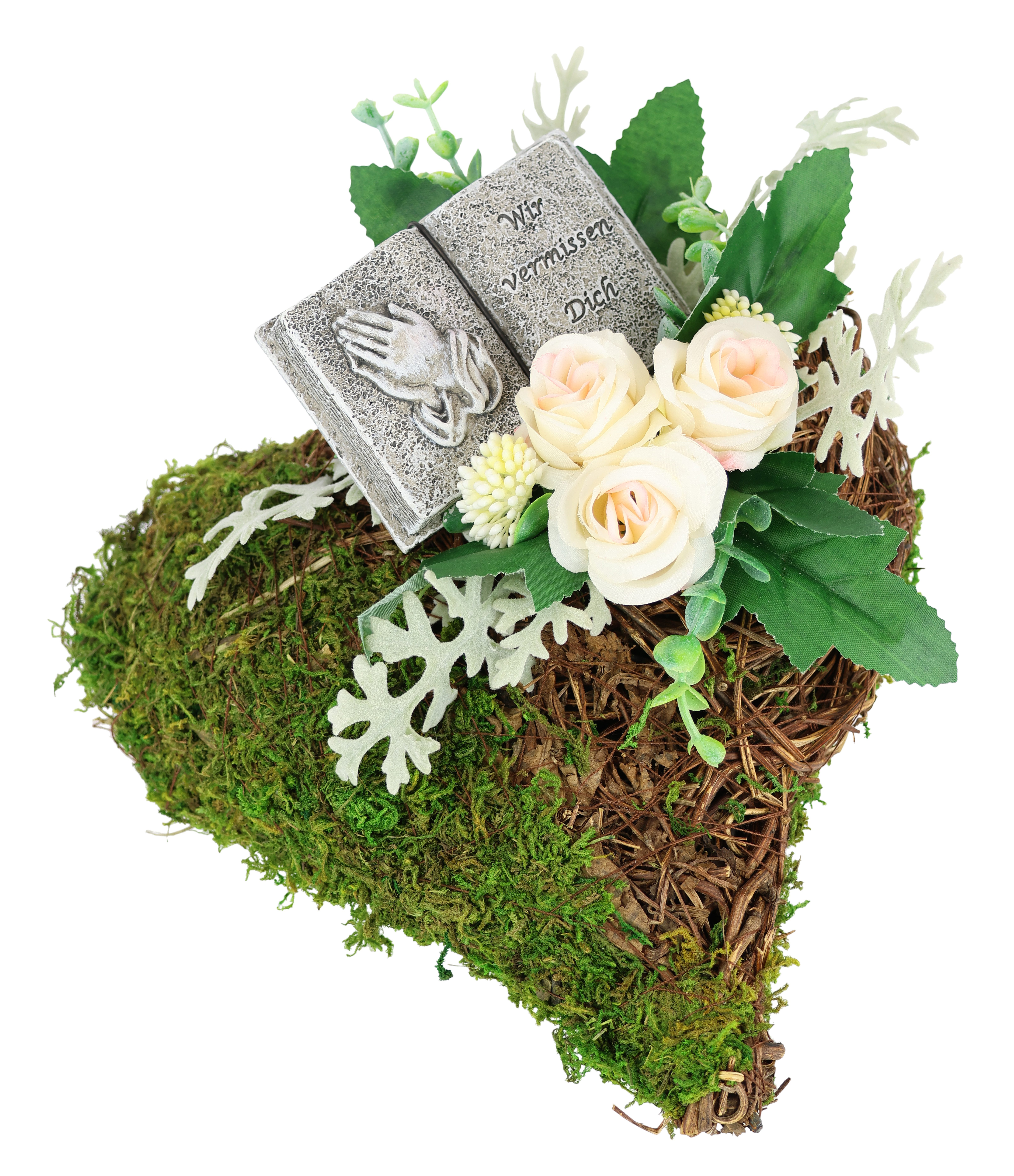 Kunstblume Gesteck mit Rosen und Gedenkbuch auf Herz-Pflanzschale, OTTO home, Höhe 11 cm, Dekoratives Herzgesteck mit Buchfigur und cremefarbenen Rosen